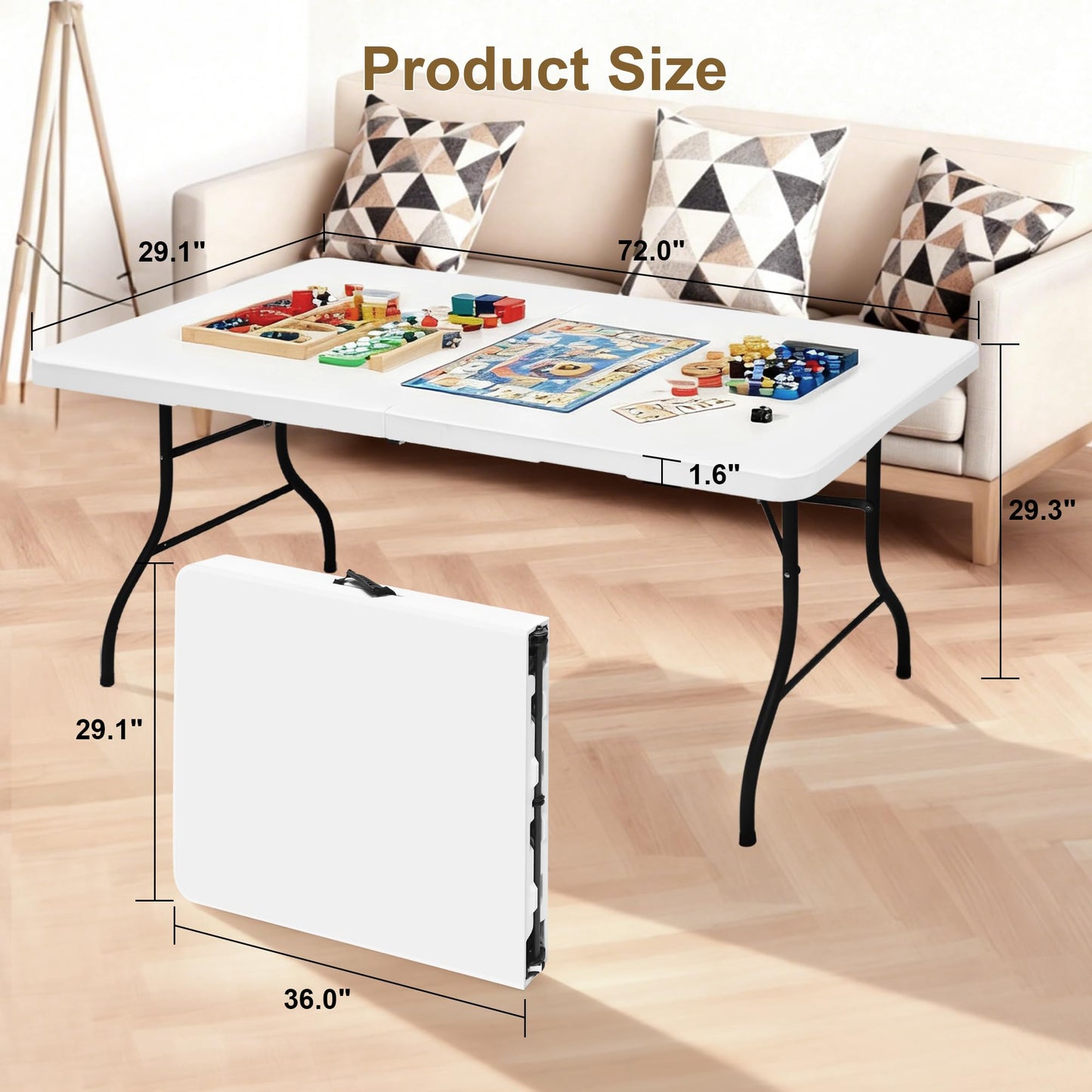 Keycozy Heavy Duty 6ft Folding Table, Portable Fold-in-Half 6 Foot Foldable Table, Table of Utility Dining Indoor Outdoor with Carrying Handle for Camping Picnic and Party, White