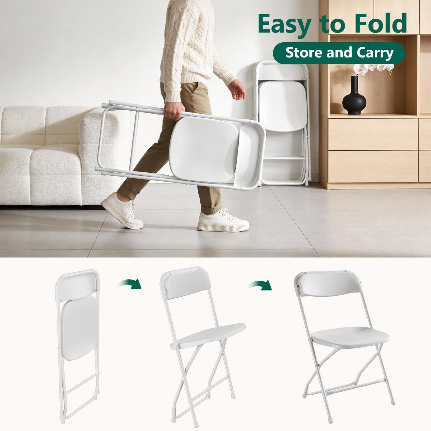 FurniEdge 6 Pack White Plastic Folding Chairs, Outdoor Portable Folding Chair with Steel Frame, 350lbs Capacity Stackable Foldable Chairs for Patio, Garden, Picnic, Kitchen, Events