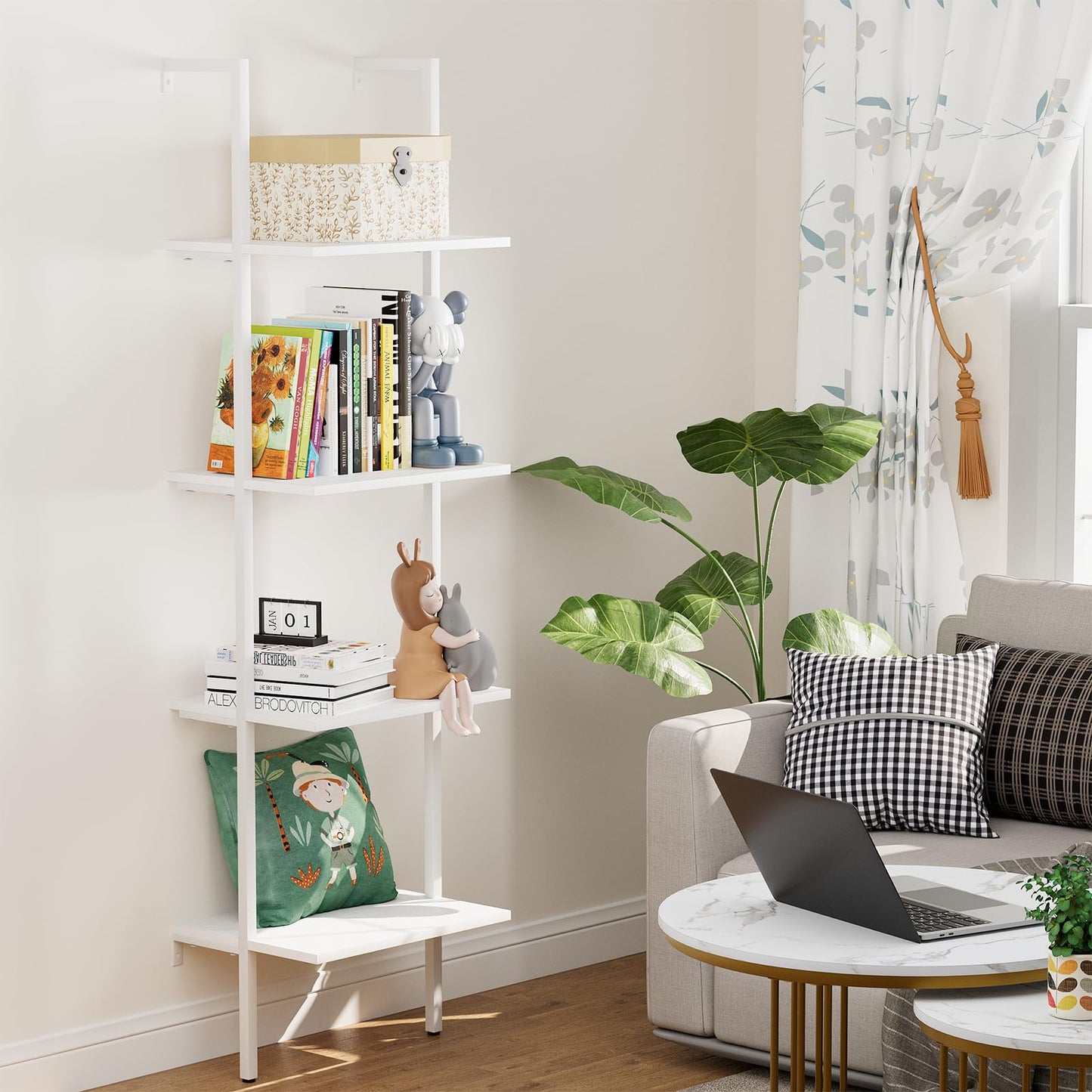 Wolawu Ladder Shelf 4 Tiers Metal Industrial Bookshelf,White Wooden Tall Open Storage Rack and Display Shelves,Wall Mount Wide Bookcase for Home Office Bedroom,Small