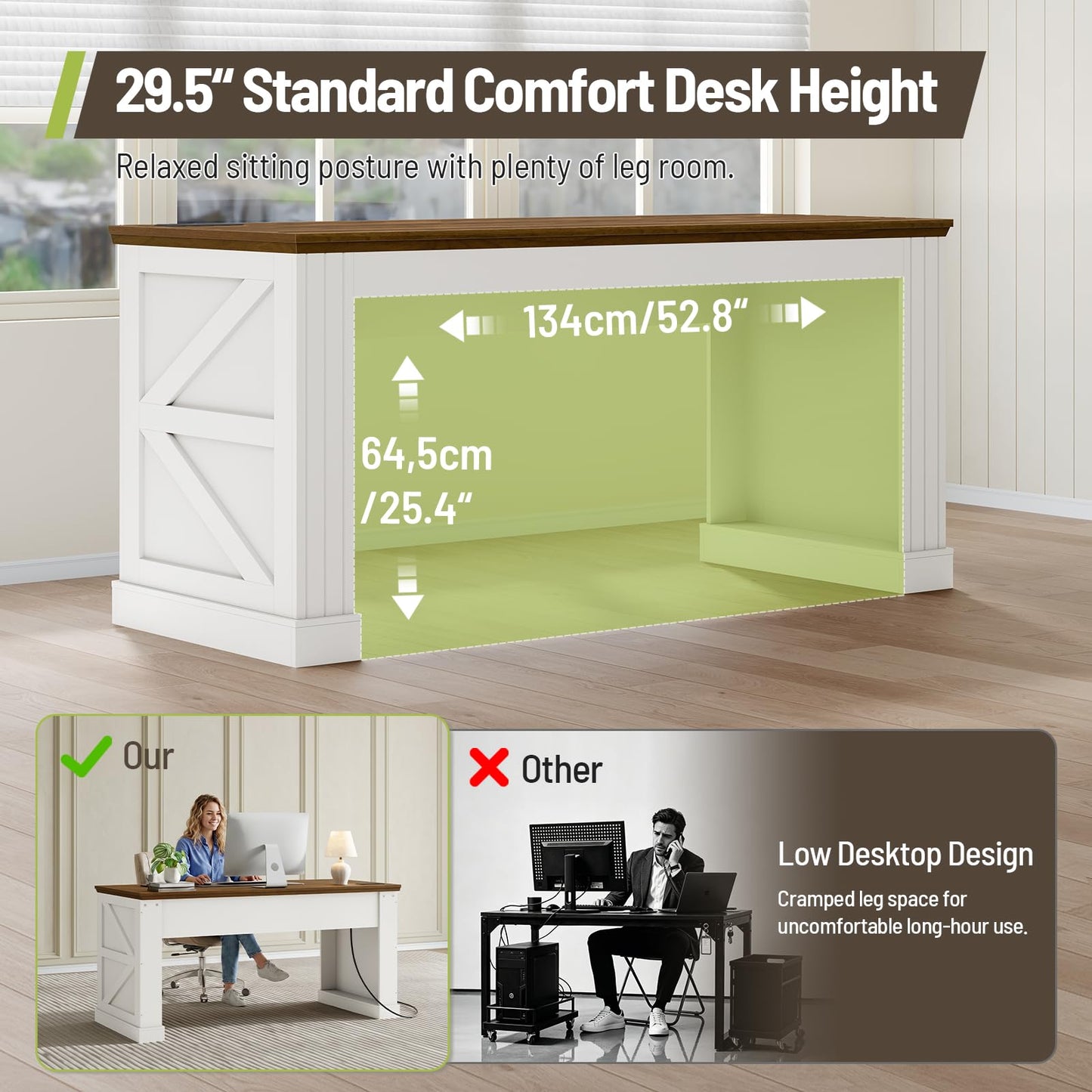 STHYTON 63-Inch Farmhouse Executive Desk, Long Computer Desk with Built-in Charging Station & Bottom Storage, Home Office Writing Study Desk for Bedroom, Living Room, White and Walnut