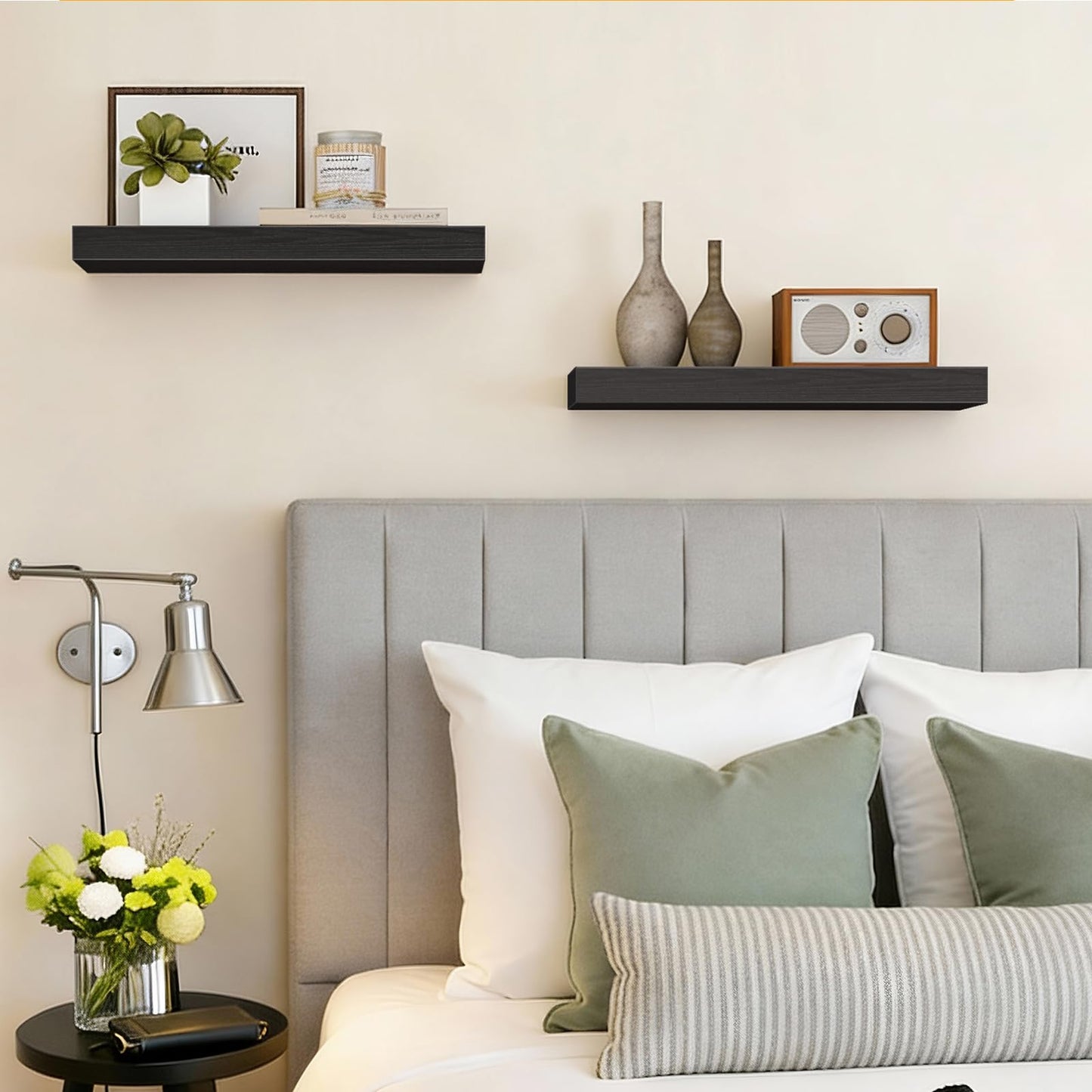 Fixwal Floating Shelves for Wall, 15.7" Wood Wall Mounted Shelves for Living Room, Bedroom, Bathroom and Kitchen, for Storage, Books, Room Decor (Black, Set of 2)