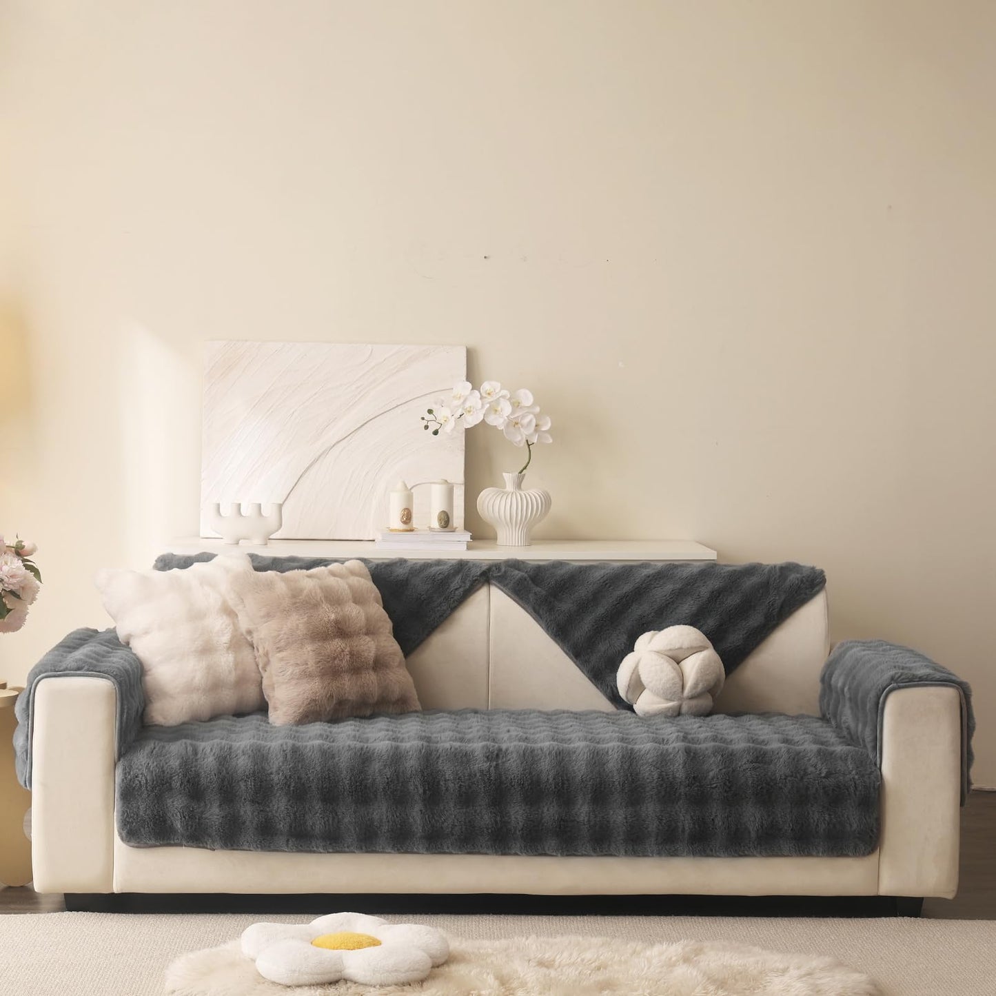 Aucrovee Soft Plush Faux Fur Couch Cover, Thick Warm Fuzzy Sectional Sofa Covers for 3 Cushion Couch Sofa Non Slip Slipcover, Furniture Protector Covers for Pets(1 PCS 36"x94" Dark Grey)