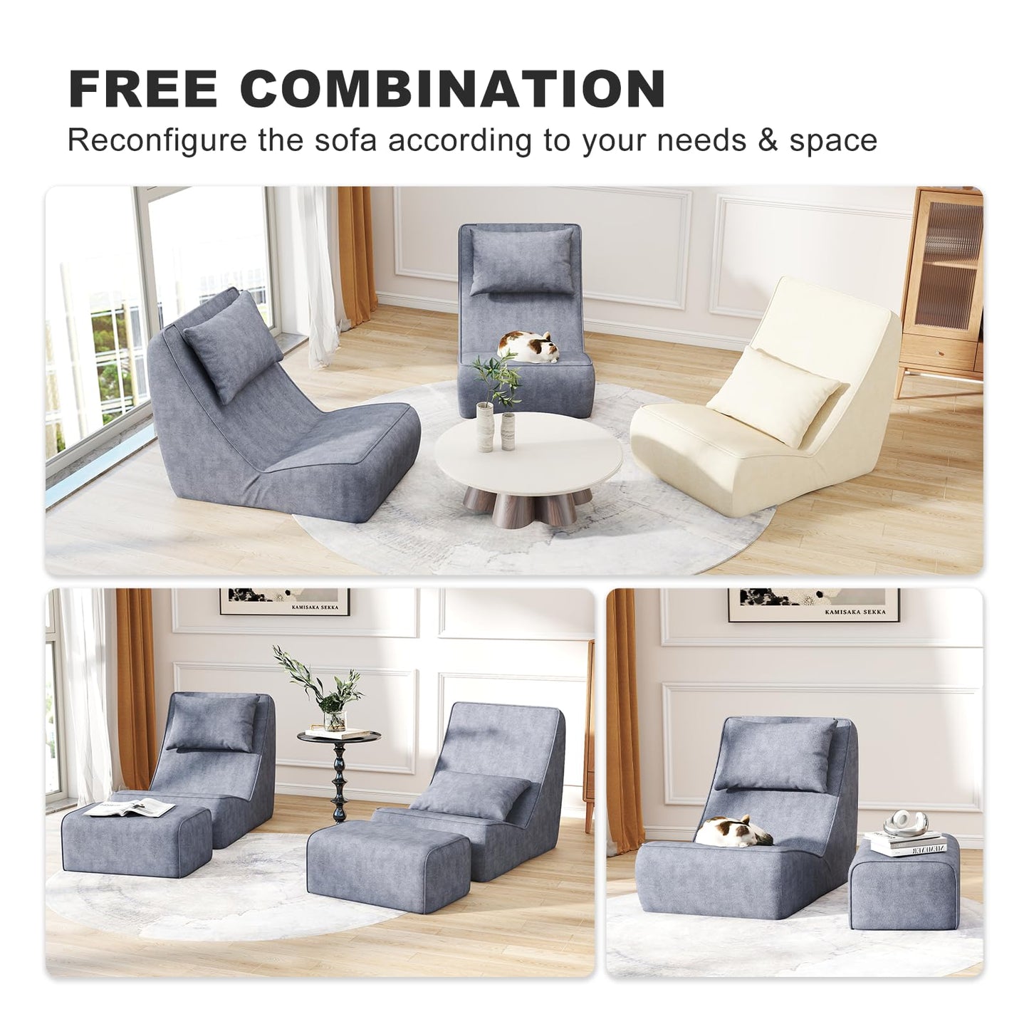 Giant Bean Bag Chair for Adults - Indoor Chaise Lounge with Neck Pillow & Ottoman, All-in-One Sponge Design, Comfy Floor Chair for Reading, Gaming, Napping, and Movies (SlateGray)