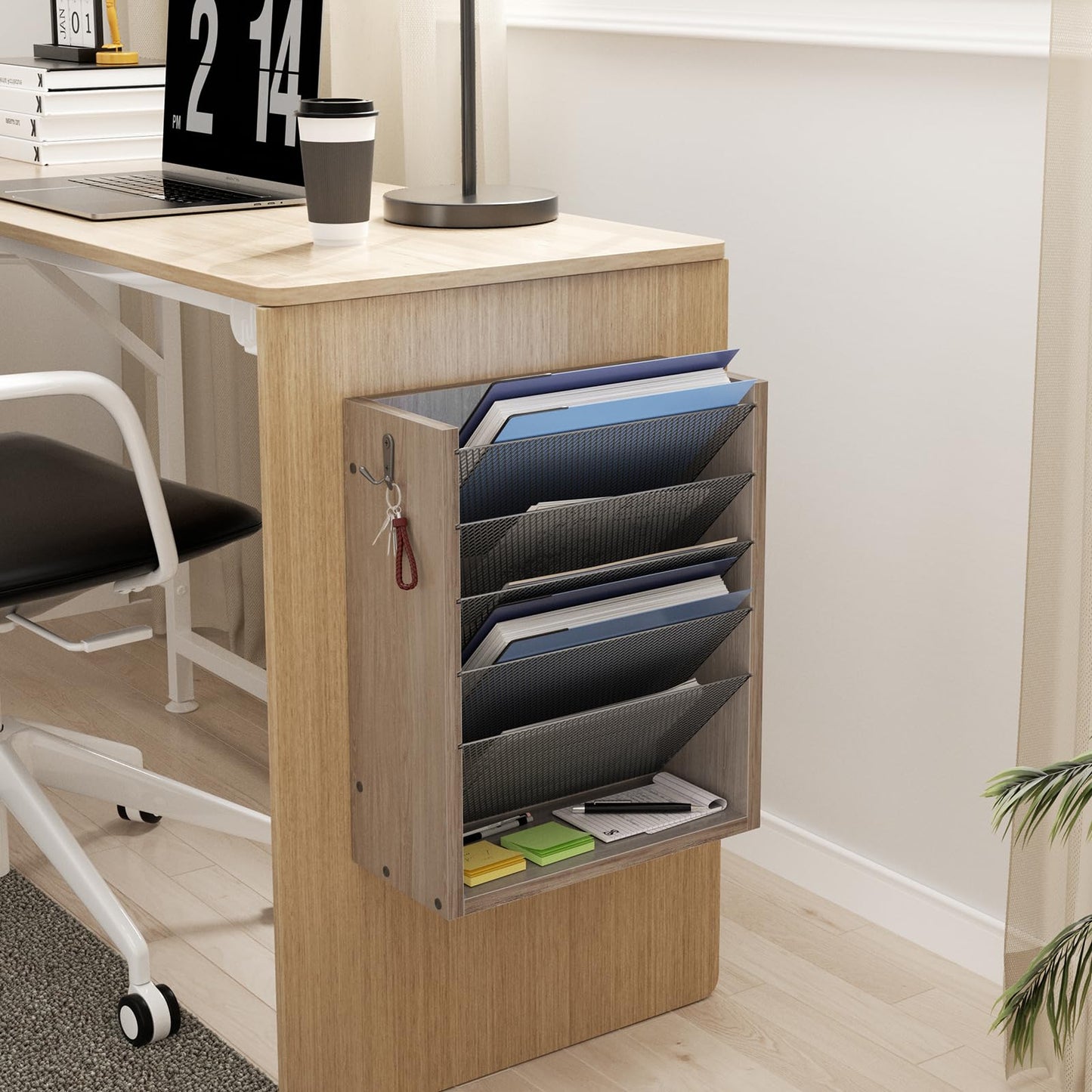 Creso hom Mail Organizer Wall Mounted, 6-Tier Wall File Organizer with 2 Hooks, Wooden Desk Organizer Magazine Holder with Bottom Flat Tray, for Office Home, Greige