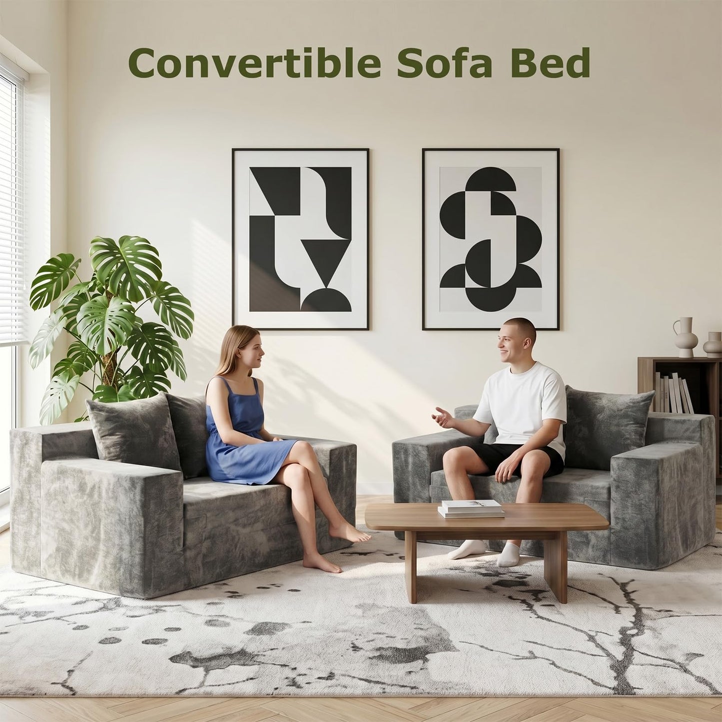 feliz home Boneless Loveseat Couches, Convertible Sofa Bed Folding Couch Bed, Boneless Chair Bed & Futon Sofa Bed, Small Pull Out Couch Foldable with 4 Pillows for Living Room, Light Grey