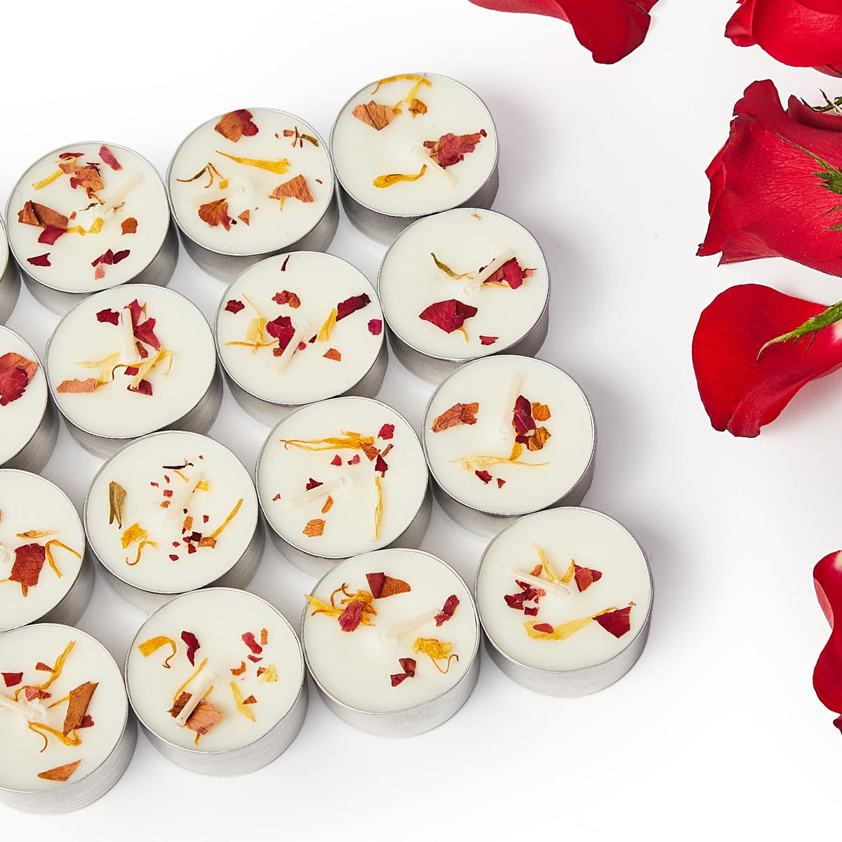 48 Pack Rose Scented Tealight Candles with Real Petals, Natural Soy Wax 6H Burn Time, Non-Toxic Smokeless Scented for Bath, Wedding, Decor