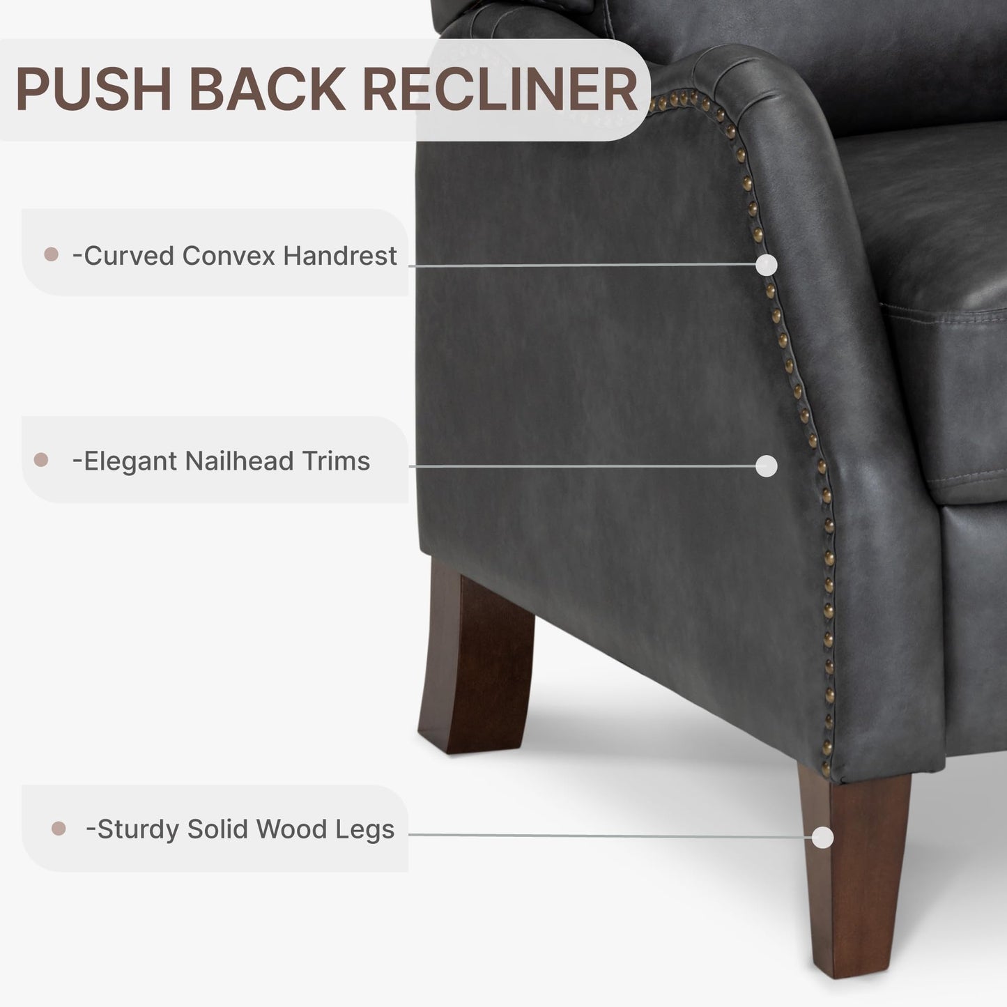 KISLOT Faux Leather Pushback Recliner Chair with Rivet Trim, Vintage Manual Accent Armchair, Single Sofa for Living Room Bedroom Office