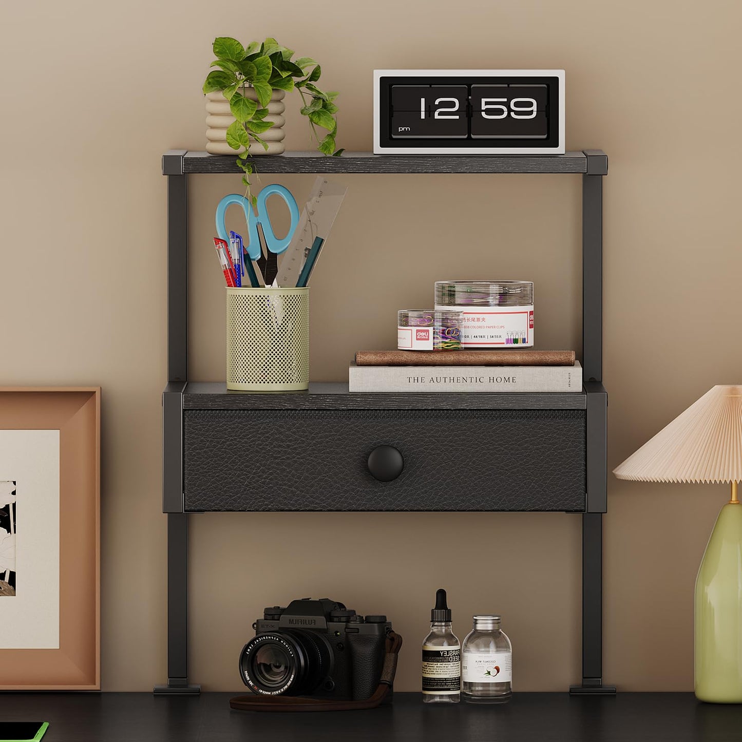 VENNQD Clamp On Desk Shelf, 2-Tier Desktop Organizer, Wood Desktop Supplies Tabletop Book Storage Rack with Adjustable Shelves for Table Working and Gaming Accessories, Black