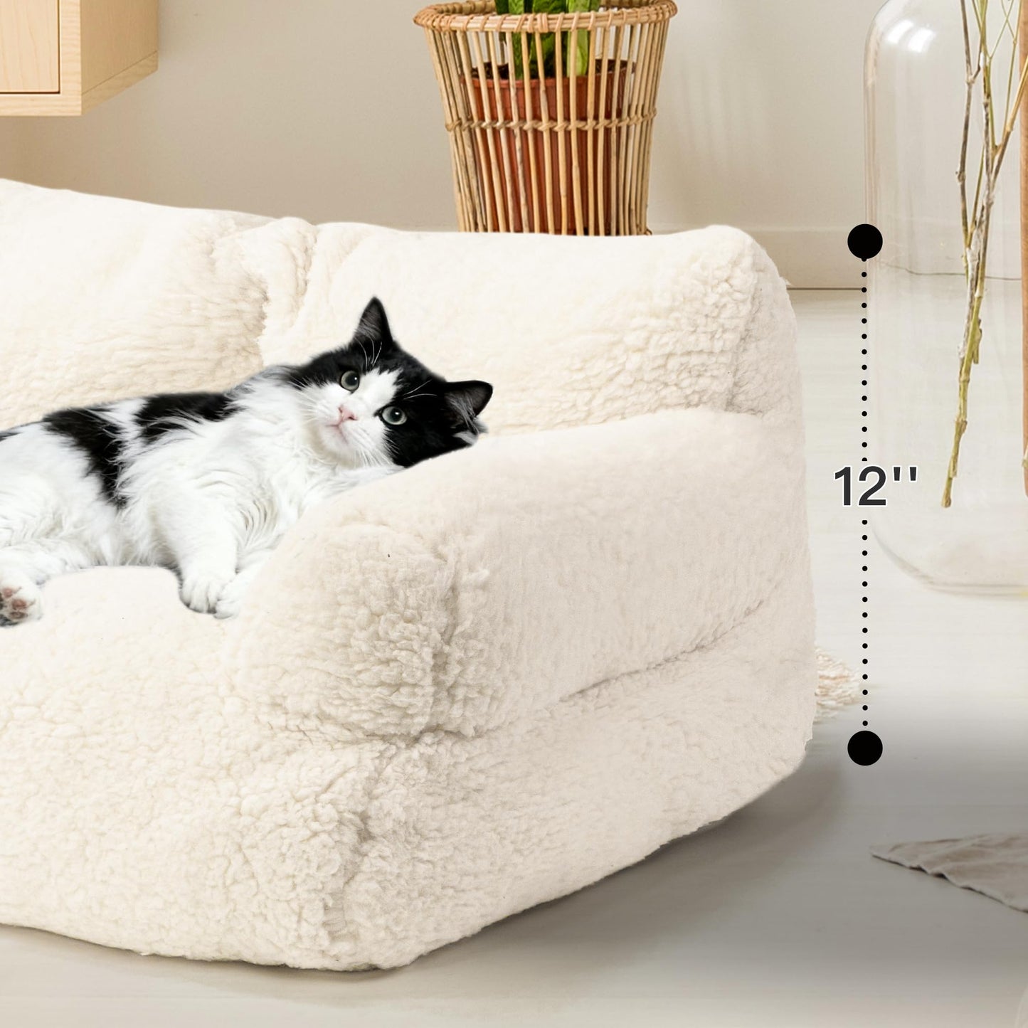 FURMORENE Large Cat Beds for Indoor Cats, Dog Couch Bed, Cute Cat Couch Sofas for Less 20lbs Kitten Puppy, Small Dog Sofas & Chairs with Removable Washable Cover, Soft Warm Pet Furniture, Cream