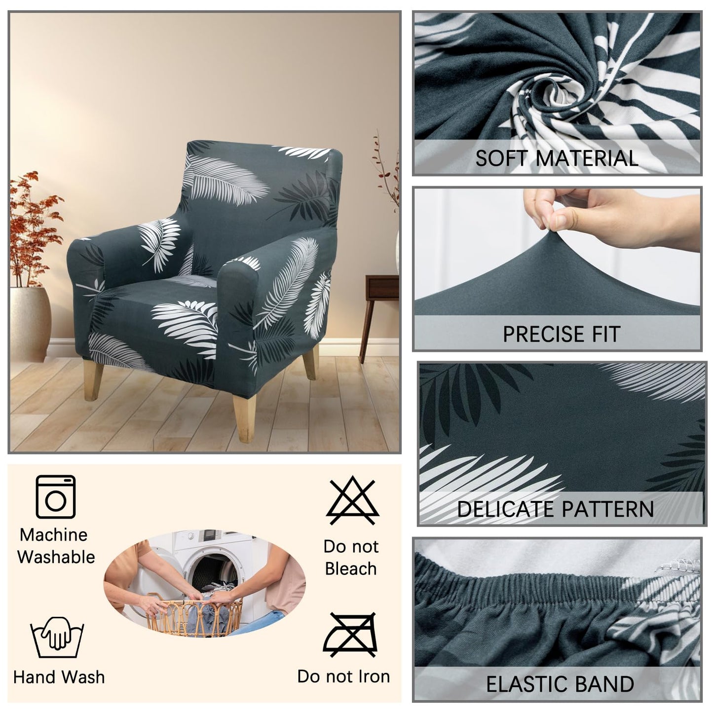 Adigau Modern Armchair Slipcover Elastic Printed 1-Piece Single Sofa Covers Stretch Couch Chair Cover for Living Room Washable Furniture Protector(Black Feather)