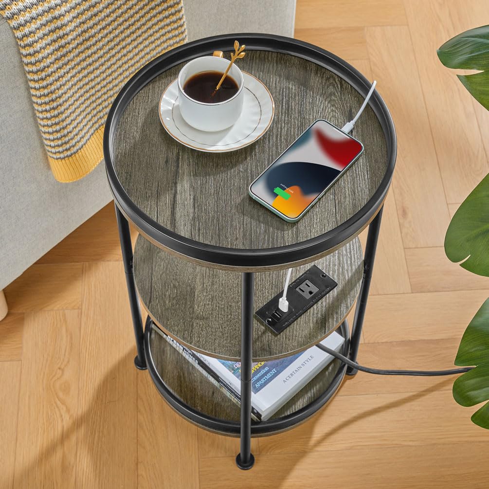 Dulcii Round Side Table with Charging Station, End Table with 3 Shelves for Living Room, Bedroom Nightstand with Steel Frame for Small Spaces, Industrial Round Sofa Table (USB+Grey)