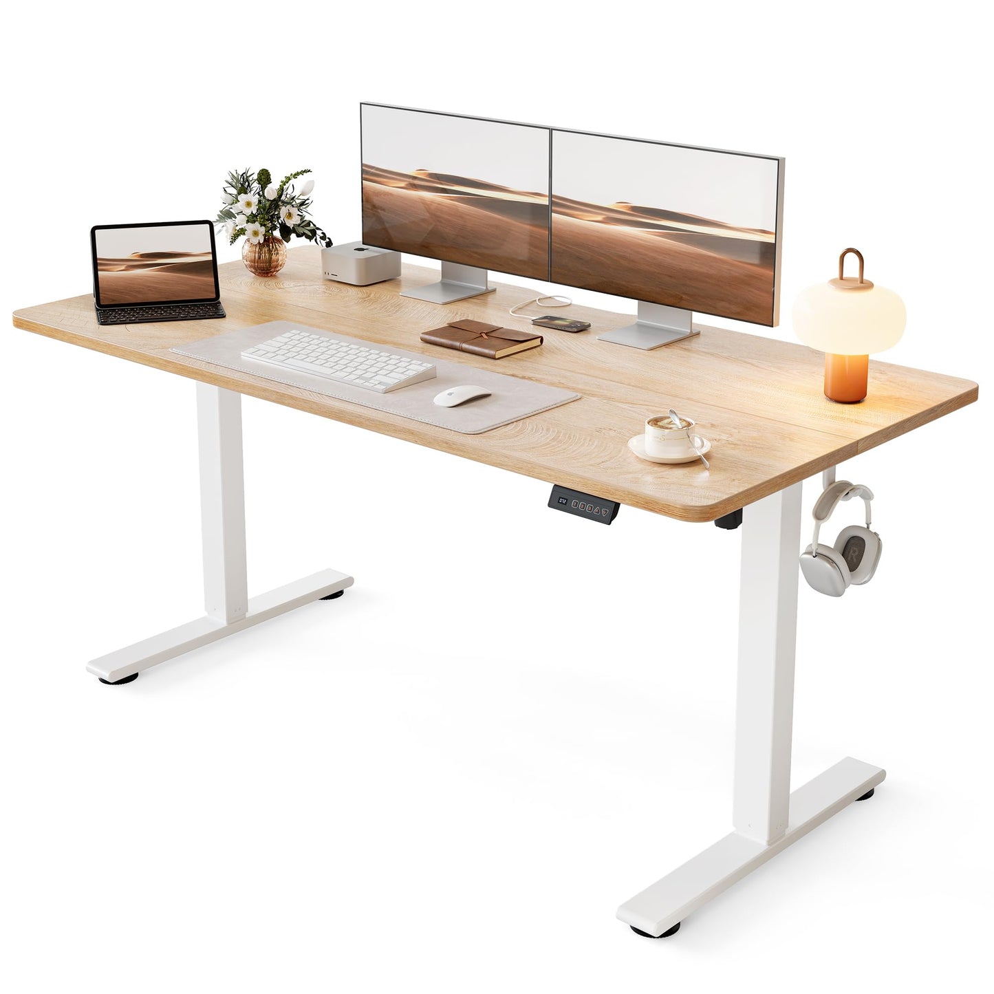 Cubiker Standing Desk, 55x28 Inches Sit Stand Home Office Desk, Electric Stand up Desk, Adjustable Desk with Splice Board, White Frame/Maple Top