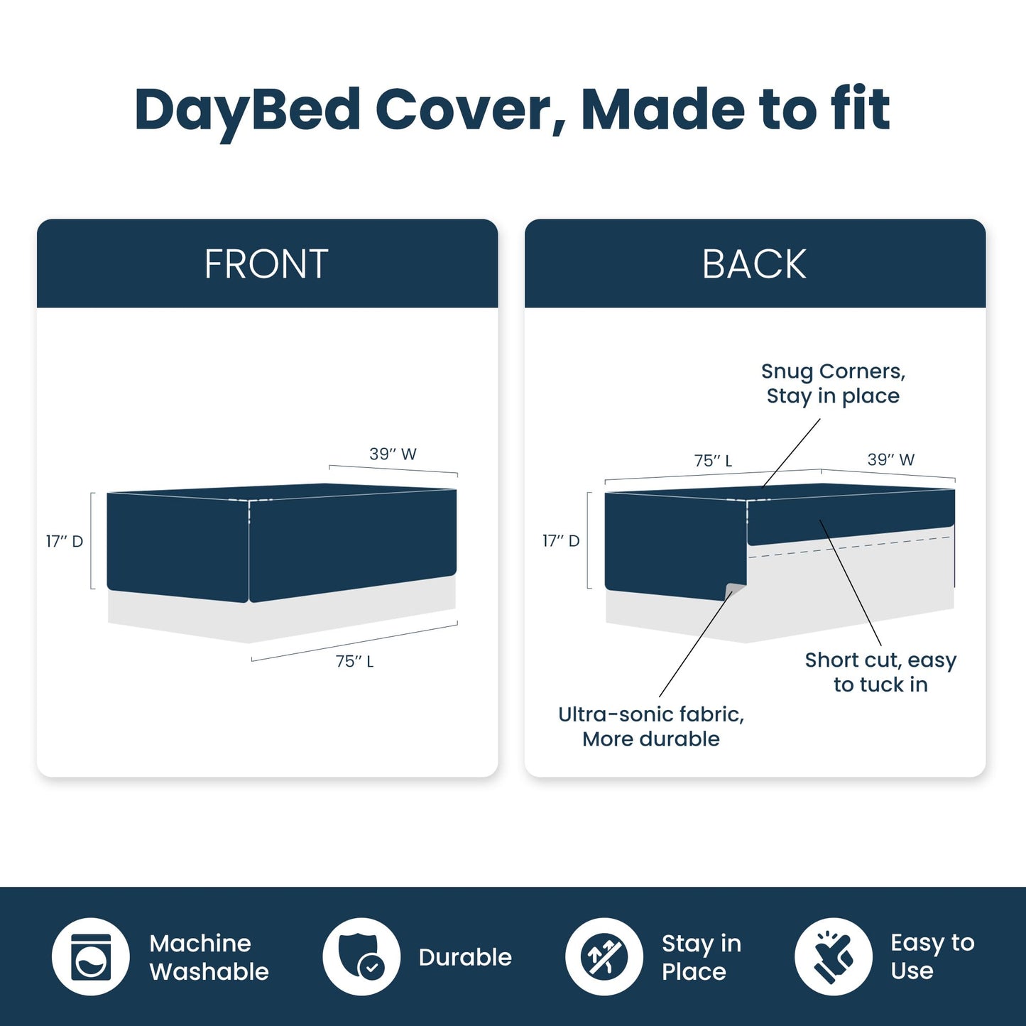 SLEEP ZONE 5 Pcs Daybed Cover Set Plant Leaves Textured Cotton Quilting Cozy All Season Cozy Dayebed Comforter Bedding Set with Bedskirt, Matching Shames, 75" × 39", Navy