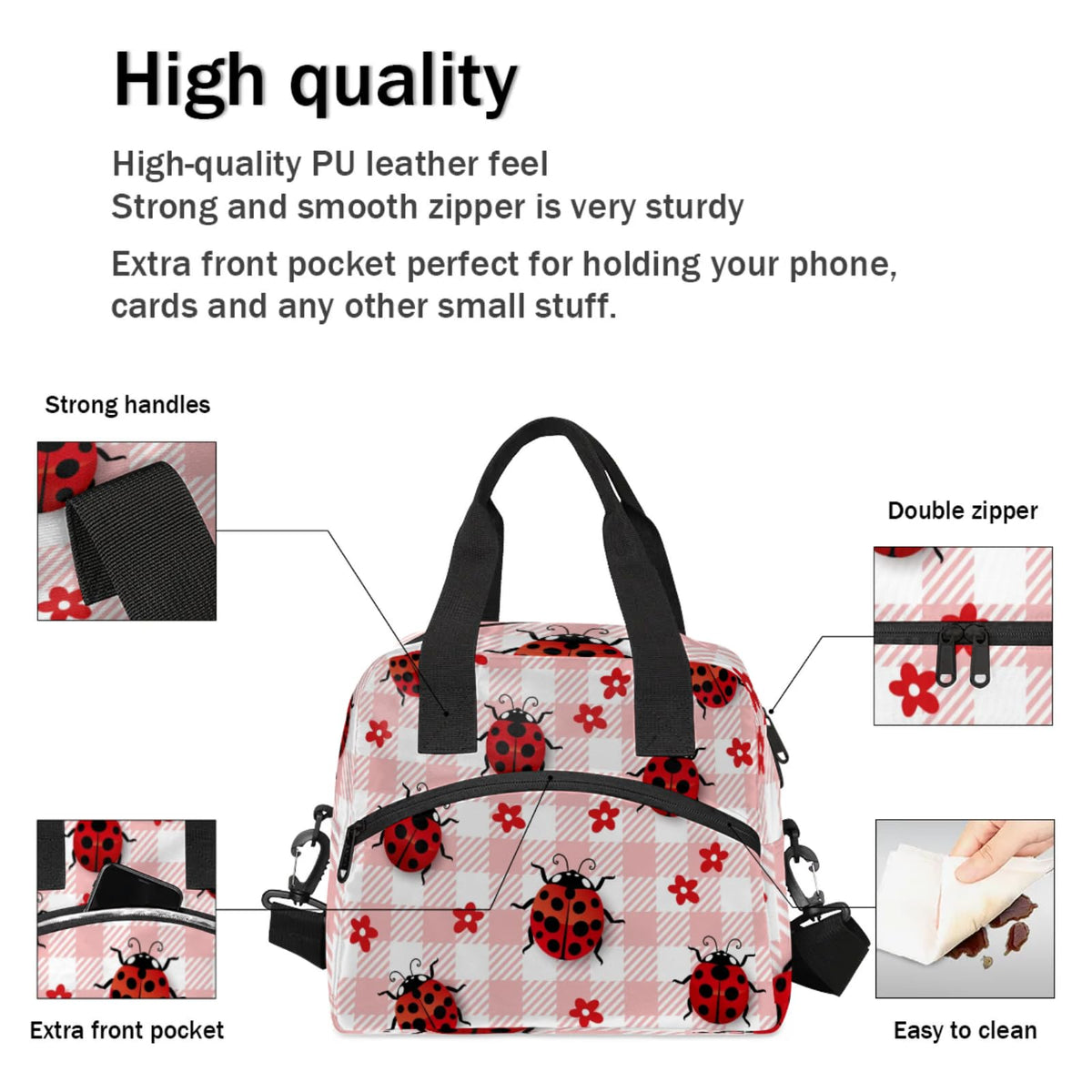 Eizlang Coccinella Septempunctata Insulated Lunch Bag for Women Men Reusable Cooler Lunch Box Freezable Tote Lunch Bag Organizer with Adjustable Shoulder Strap for Work