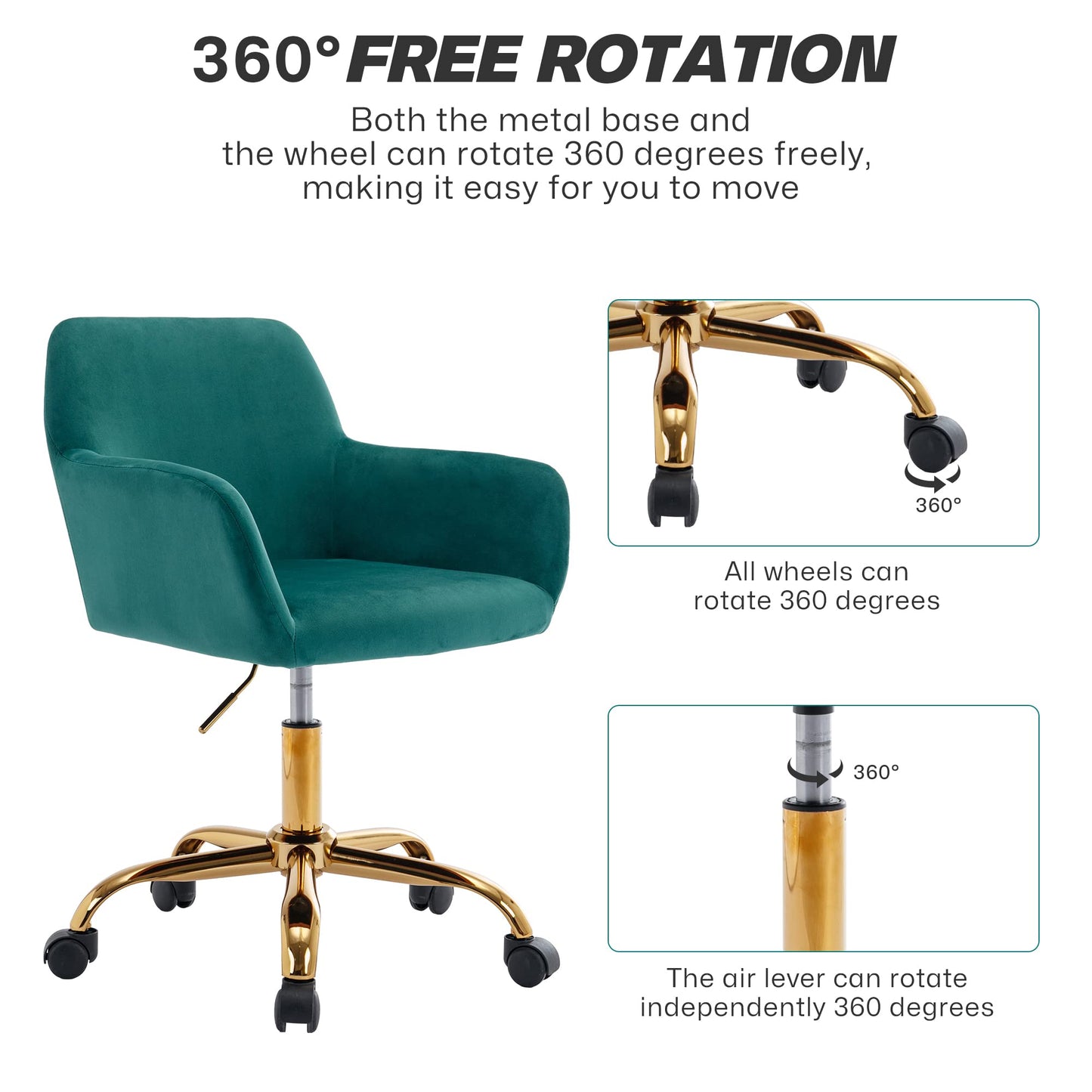 KCC Velvet Office Desk Chair, Comfy Swivel Modern Leisure Armchair with Wheels, Upholstered Comfy Velvet Fabric Makeup Chair Height Adjustable for Teens Women Girls Elegant Home Office, Green
