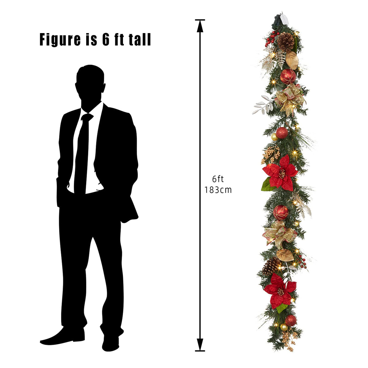 Adeeing 6FT Christmas Garland with Lights, Prelit Artificial Christmas Garland with Pine Cones Poinsettia, Cordless Xmas Garland for Fireplace Mantle Stairecase Indoor Outdoor Holiday Home Decorations