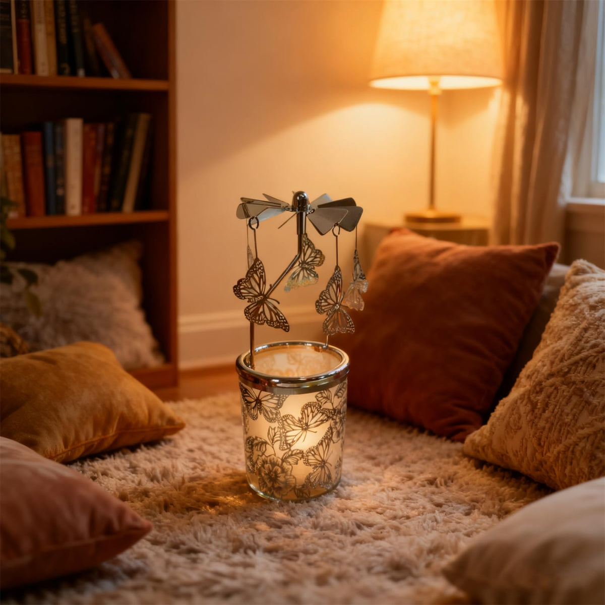 Carousel Rotary Candle Holder Spinning irthday Gifts for Women, Mom, Wife, Girlfriend, Sister, Her, Metal Windmill Tea Light for Female Friends, (Silver Butterfly)