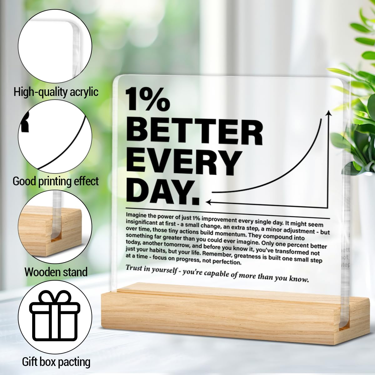 Inspirational Office Home Desk Decor 1% Better Every Day Clear Acrylic Desk Decorative Sign, Motivational Gifts for Coworker Employee Friend