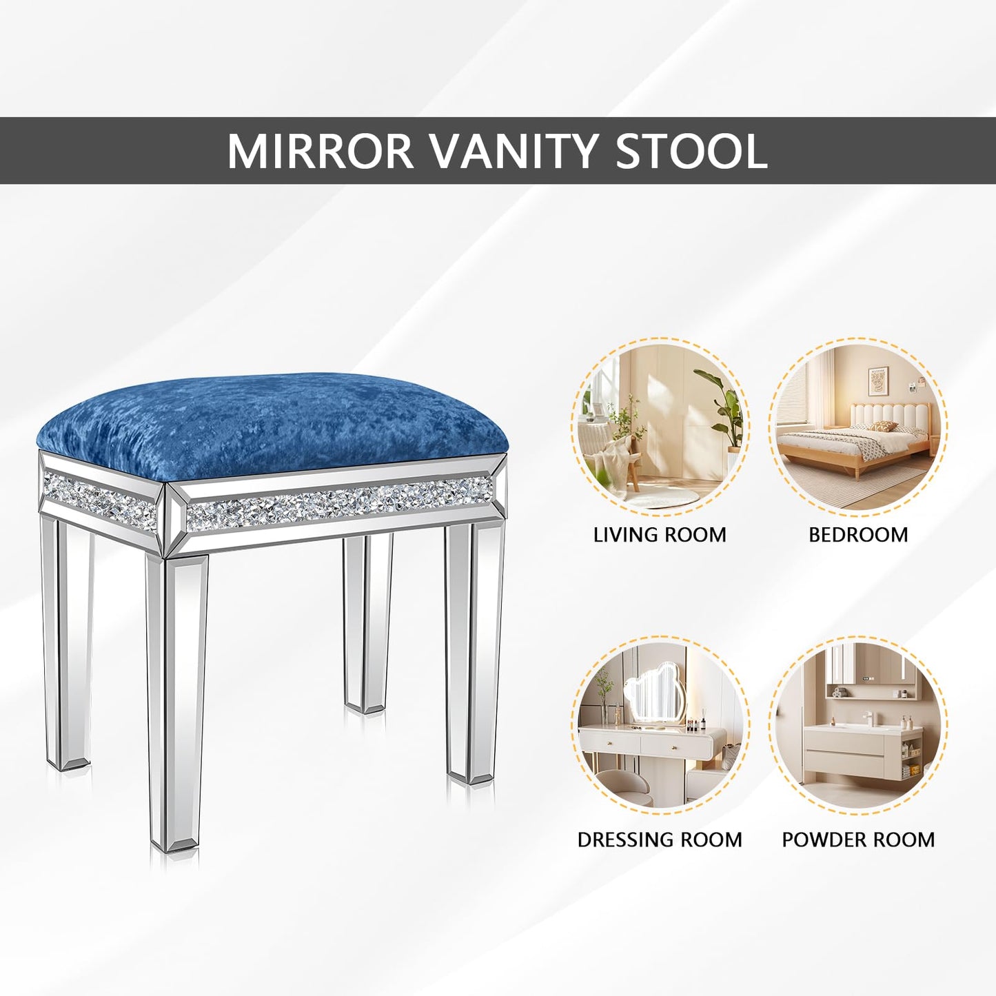 blingworld Mirrored Vanity Stool with Crushed Diamond Inlay Velvet Cushion 19.7'' Tall Stylish Makeup Chair for Bedroom, Vanity Chair, Ottoman for Living Room,Blue