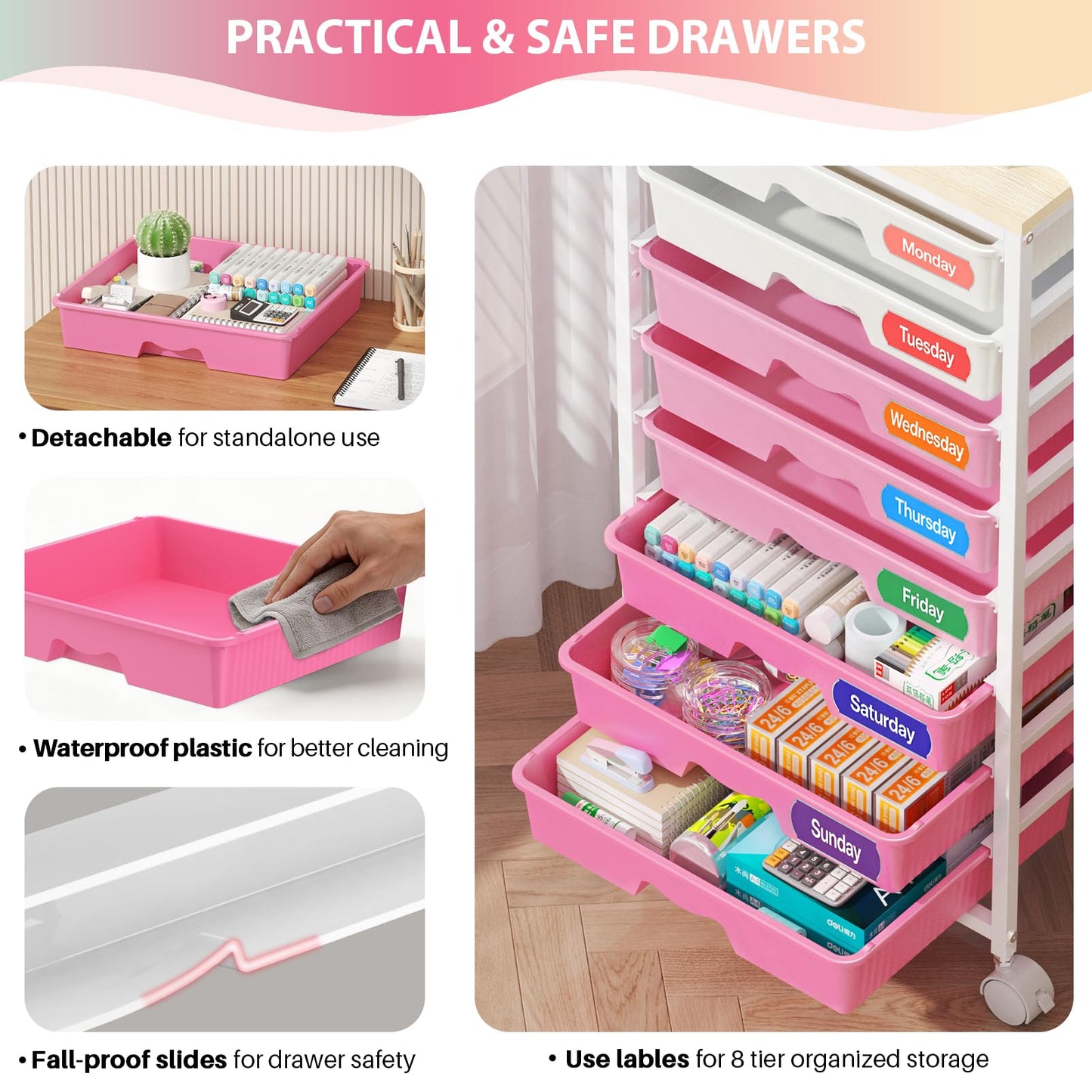 Goovilla Rolling Cart with Drawers, Utility Cart Organizer With 8 Removable Drawers and Wooden Tabletop, Lockable Rolling Storage Organizer for Art, Classroom, Home, Dorm, Office, Craft Storage, Pink
