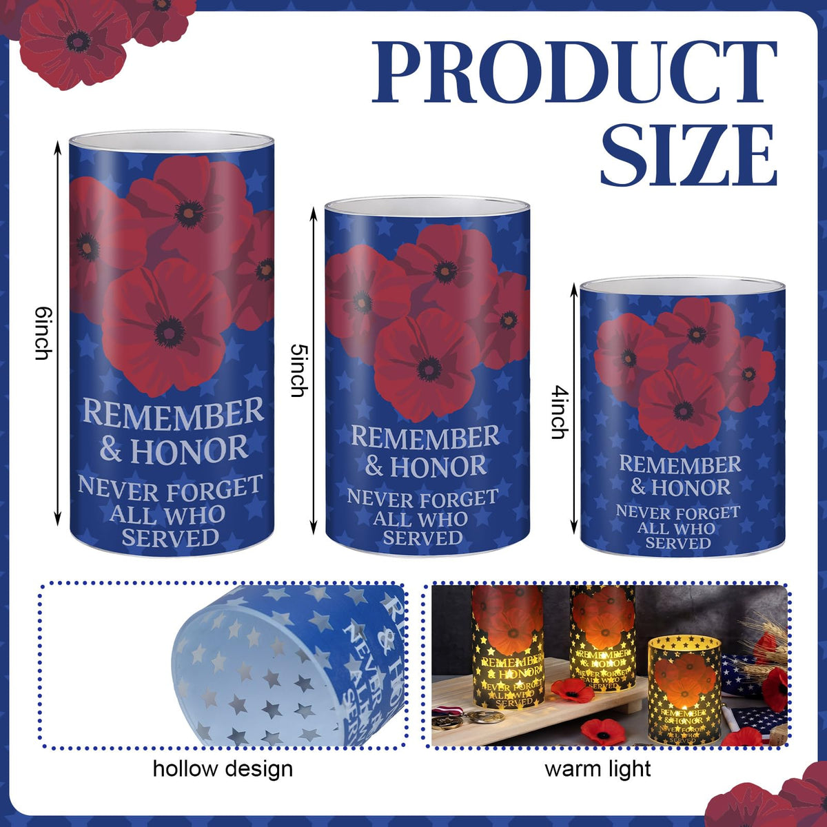 Baquler 3 Set Patriotic Flameless Candles White Red Blue Lampshade with LED Tea Lights Star Poppy Flower Candle Decorations for Independence 4th of July Veterans Day Tabletop Home Decor