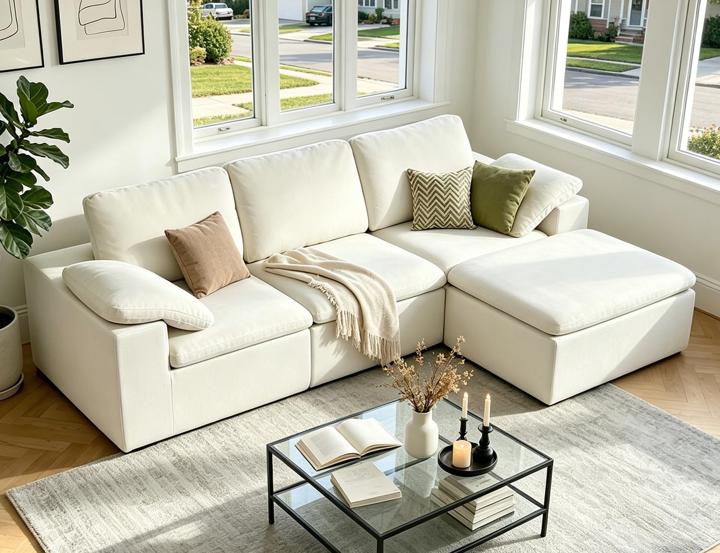 Nigoone 108" Sectional Couches for Living Room, Modular Cloud Sofa with Ottoman, No Assembly, Convertible L Shaped Boneless Couch, Adjustable Sofa Backrest, 4 Seater, Warm White Chenille