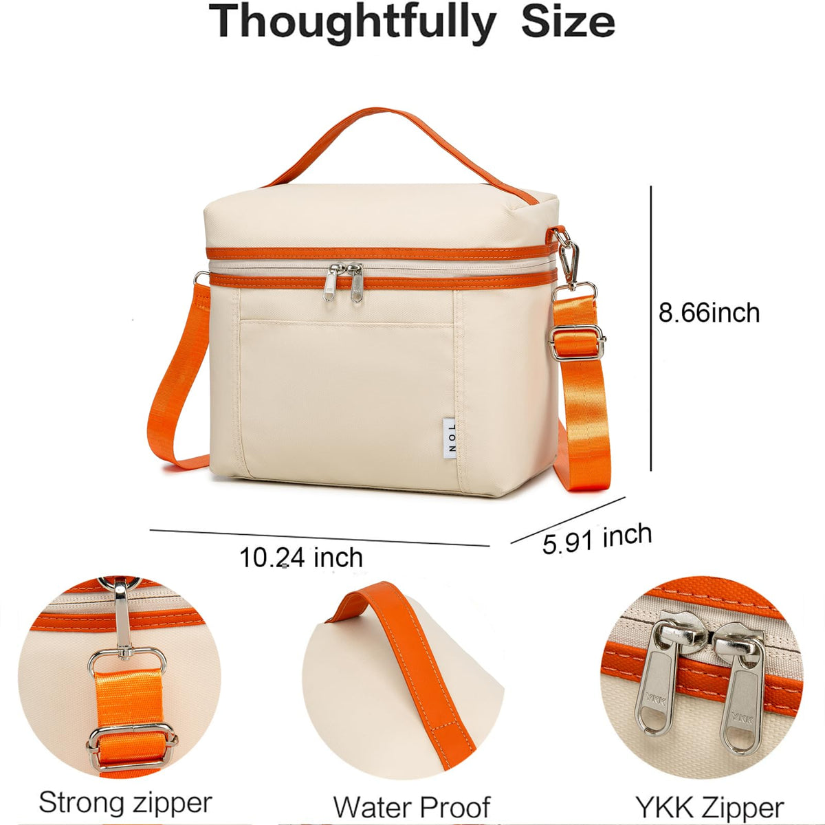 NOL Insulated Lunch Bags for Women Cooler Bag Lightweight Nylon Waterproof Lunch Box For Work (Medium(normal), Cream/orange)