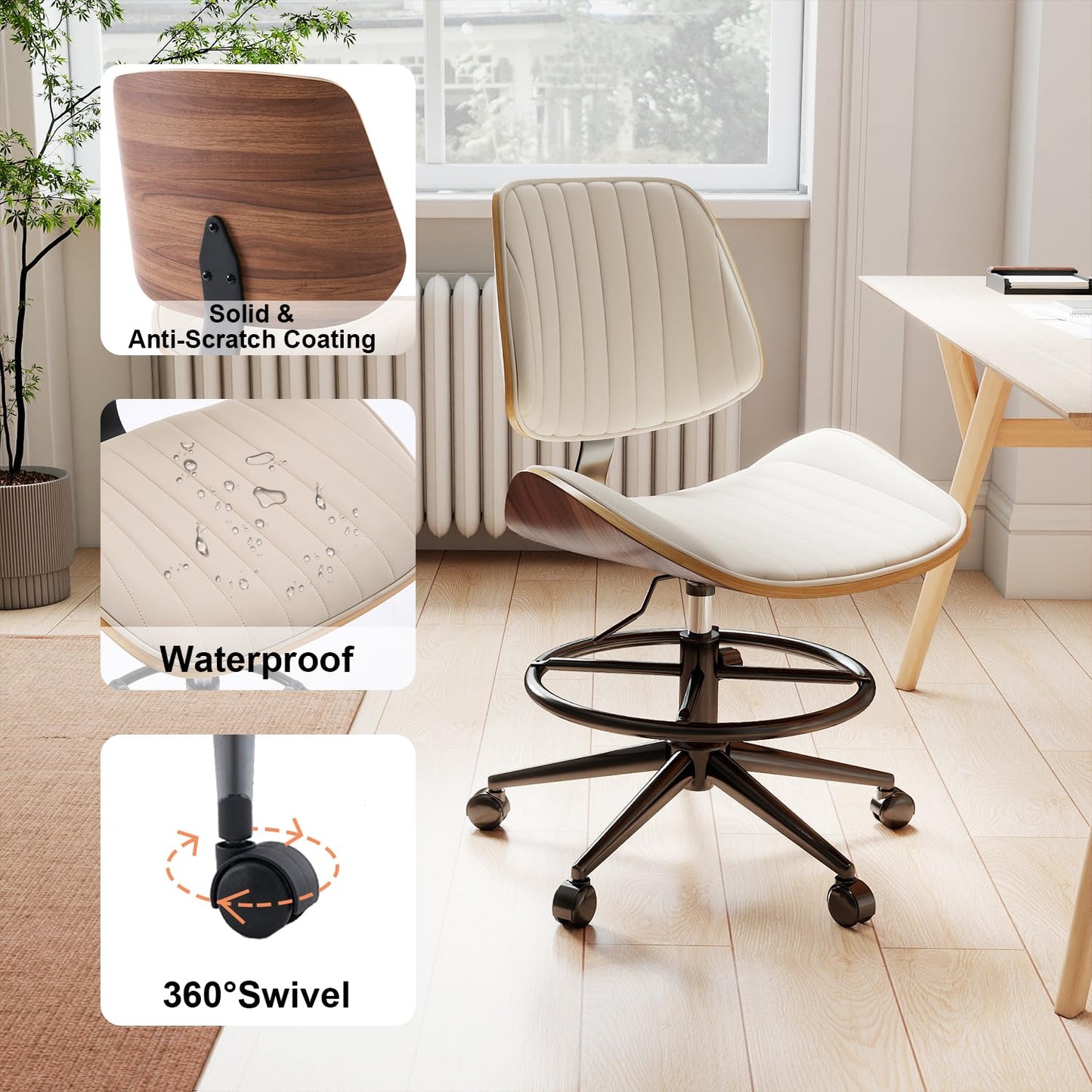 Rongbuk Drafting Chair, Ergonomic Office Chair with Walnut Wood Back Support, Armless PU Leather Desk Chair with Height-Adjustable, Thick Cushion for Home, Bar, Drafting, Office (Beige)