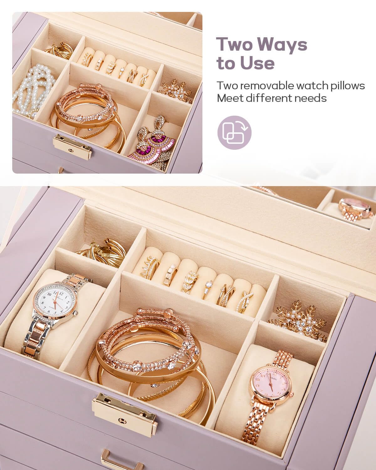 Homde Synthetic Leather Huge Jewelry Box Mirrored Watch Organizer Necklace Ring Earring Storage Lockable Gift Case (Grey Purple + Gold)