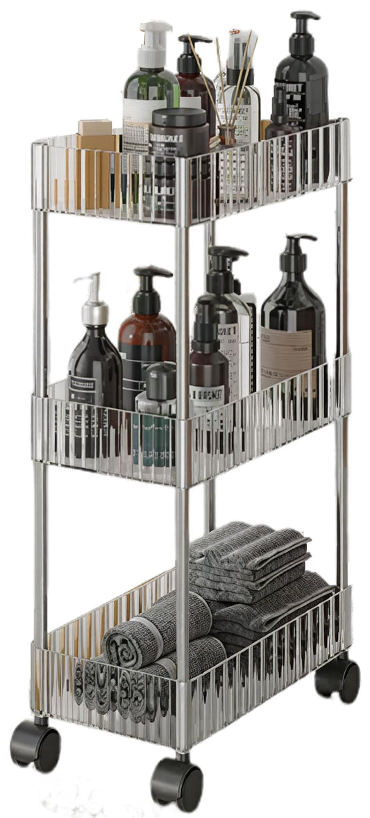 Sooyee Slim Clear 3-Tier Plastic Rolling Utility Cart with Wheels, Multi-Functional Storage Trolley for Office, Living Room, Kitchen, Movable Storage Organizer with Wheels