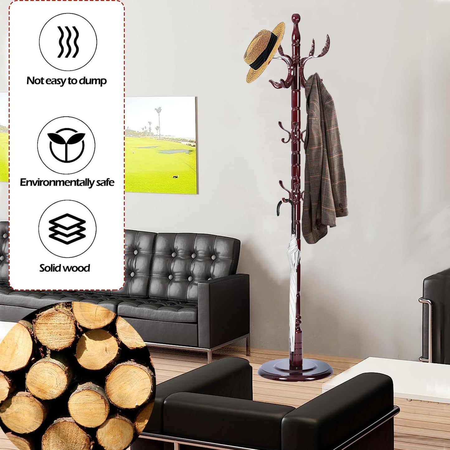 Sauqzoh Coat Racks Free Standing with 14 Hooks, Natural Wood Coat Stands for Entryway, Adjustable Height 72 in Tree Coat Rack Stand for Hallway Home Office Bedroom (Mahogany Phoenix)