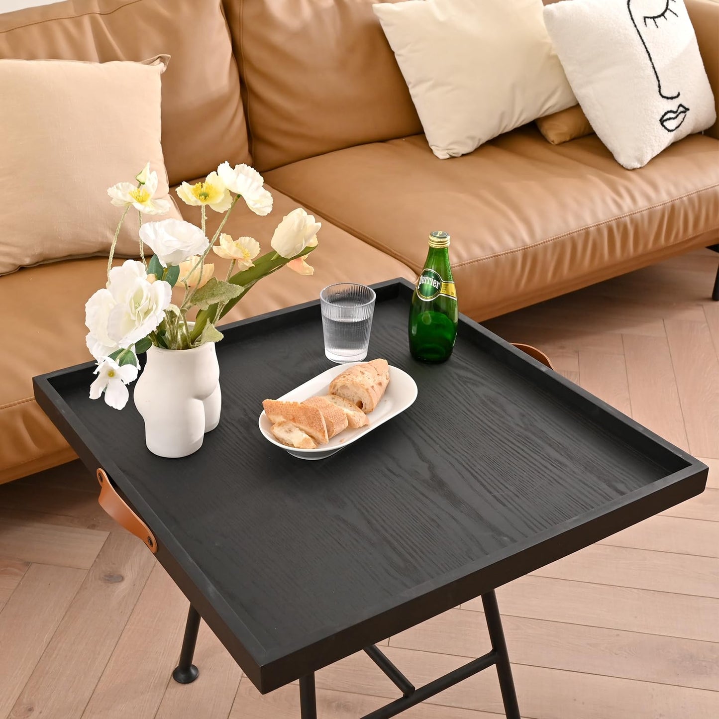 SwallowLiving 24 x 24 Inches Extra Large Square Wood Ottoman Tray with Leather Handles, Wooden Natural