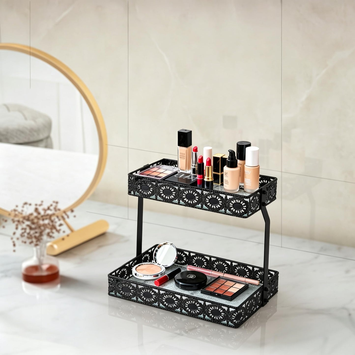 xiaojuande-Two Layer Glass Storage Tray with Portable Dressing Table Skin Care Product Organization Rack Corner Storage Rack for Bathroom Counter High-end Light - (Black)
