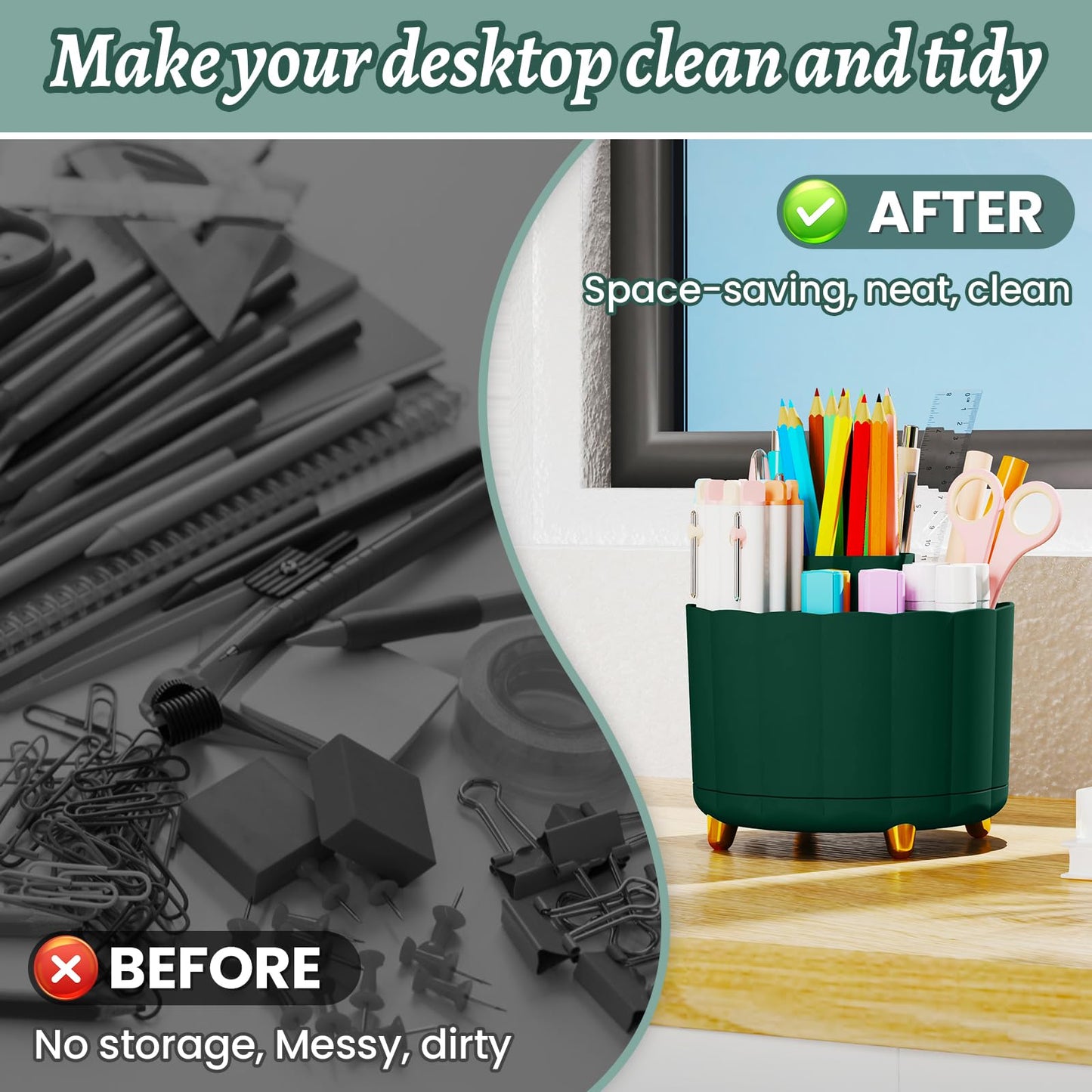 IVEETTY Desktop Organizer 360 Rotating, with 6 Slots Pen & Pencil Holder, Desk Caddy for Markers, pen, pencil, Space Saving Office Organization, Small Desk Essentials, Work Home, Green