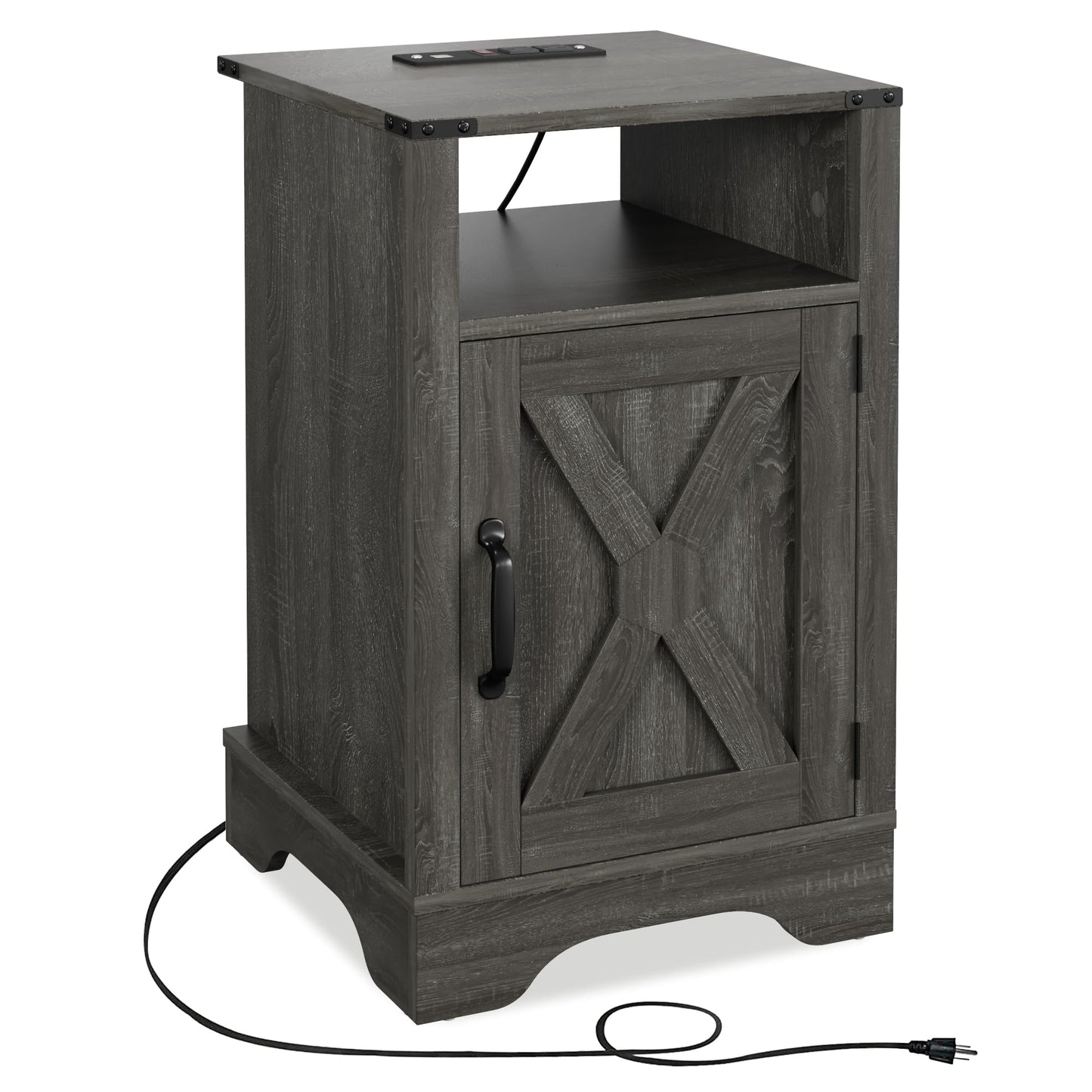 RoyalCraft Farmhouse Nightstand, End Table with Charging Station, Tall Bedside Table with Large Storage Room and Shelf, Wooden Rustic Side Table for Bedroom, Home Office, Dark Grey