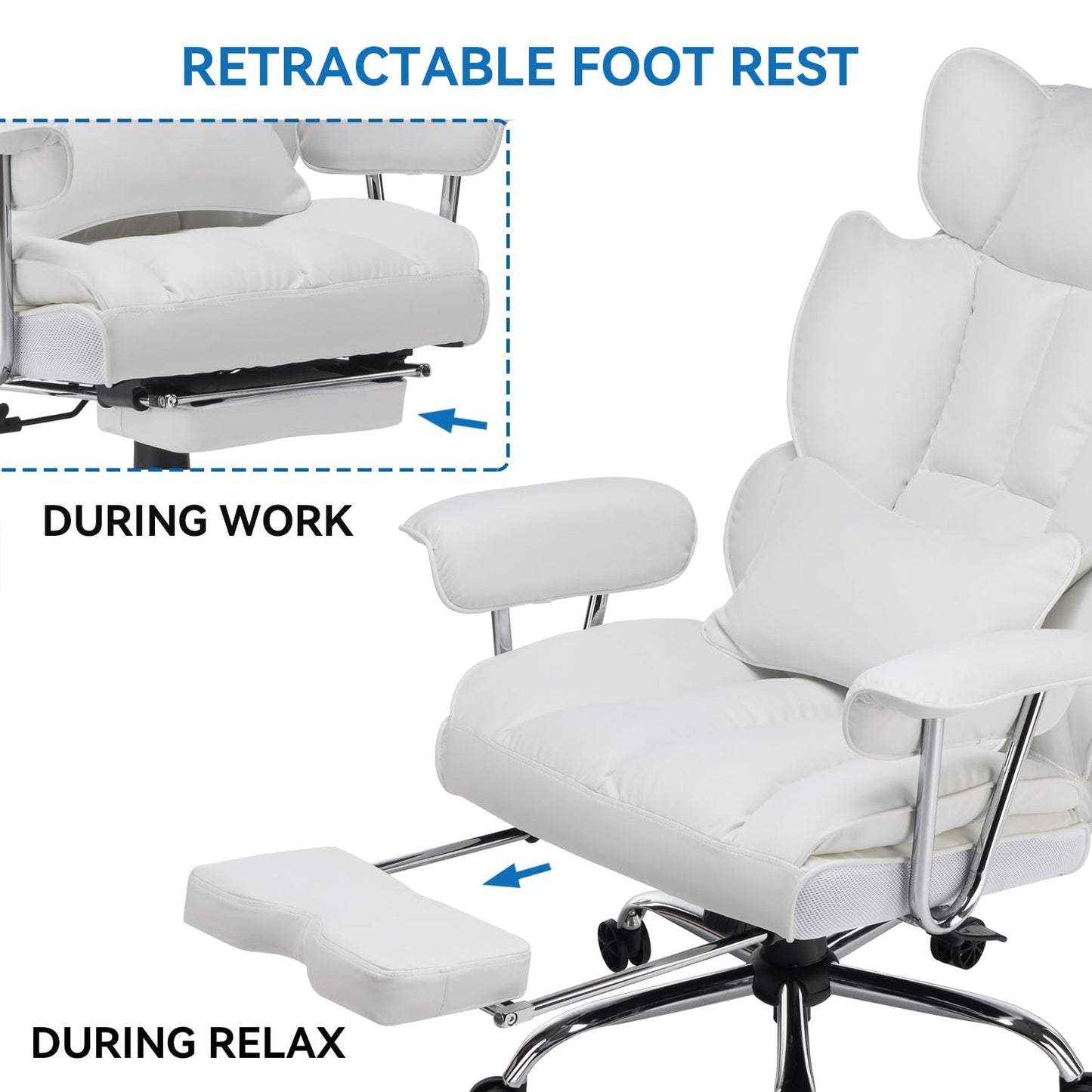 Efomao Big and Tall Office Chair 400lbs, Executive PU Leather Desk Chair with Footrest & Lumbar Support, Heavy Duty Computer Seating for Home, White