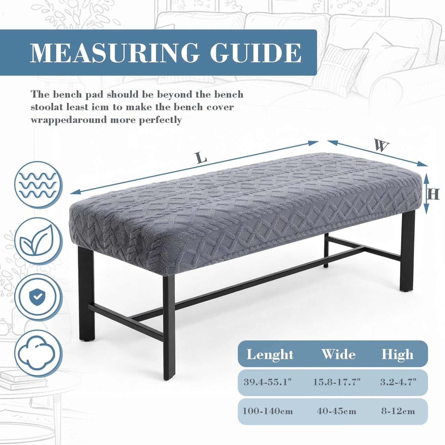 Gilprop Stretch Jacquard Dining Bench Cover, Slipcover Rectangle Soft Seat Protector Cover Dustproof Removable for Dining Room Living Room Bedroom Kitchen Hotel Fits 39.4~55.1 Inch Benches(Gray)
