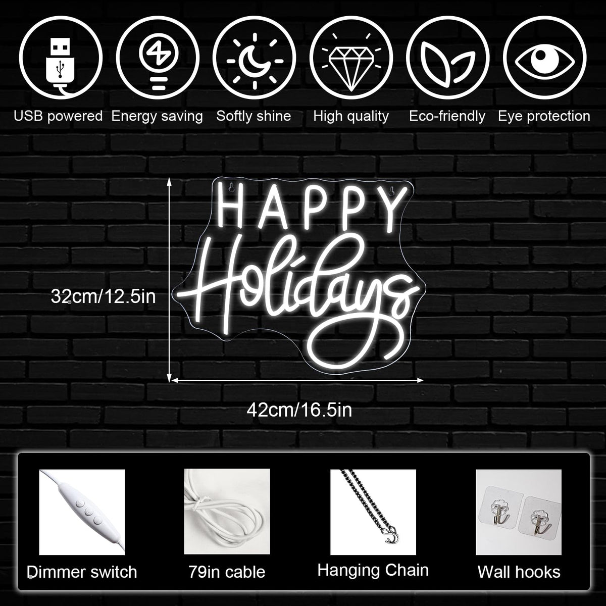 Horseneon Happy Holidays Neon Sign, Merry Christmas Neon Sign for Wall Decor, LED Sign with USB Powered for Party, Home, Bedroom, Living Room, Bar