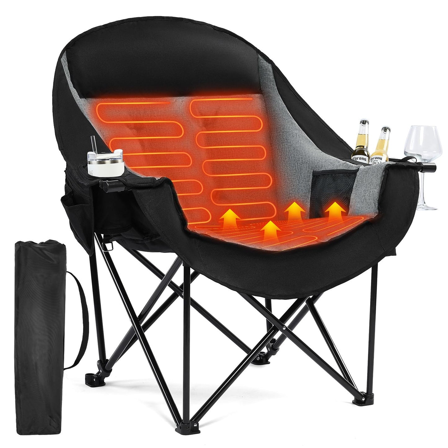 Heated Oversized Camping Chair - Heavy Duty Padded Folding Camping Chairs for Adults with Cooling Bag, Side Pocket, Cup Holder and Carry Bag for Outdoor Sports Lawn Fishing Garden Portable