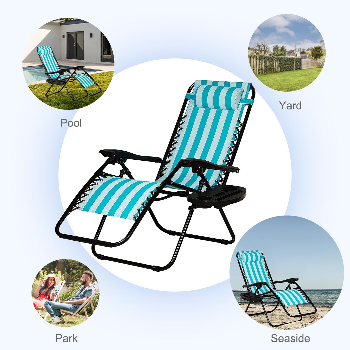 Nazhura Set of 2 Relaxing Recliners Patio Chairs Adjustable Steel Mesh Zero Gravity Lounge Chair Beach Chairs with Pillow and Cup Holder (Light Blue Stripe)