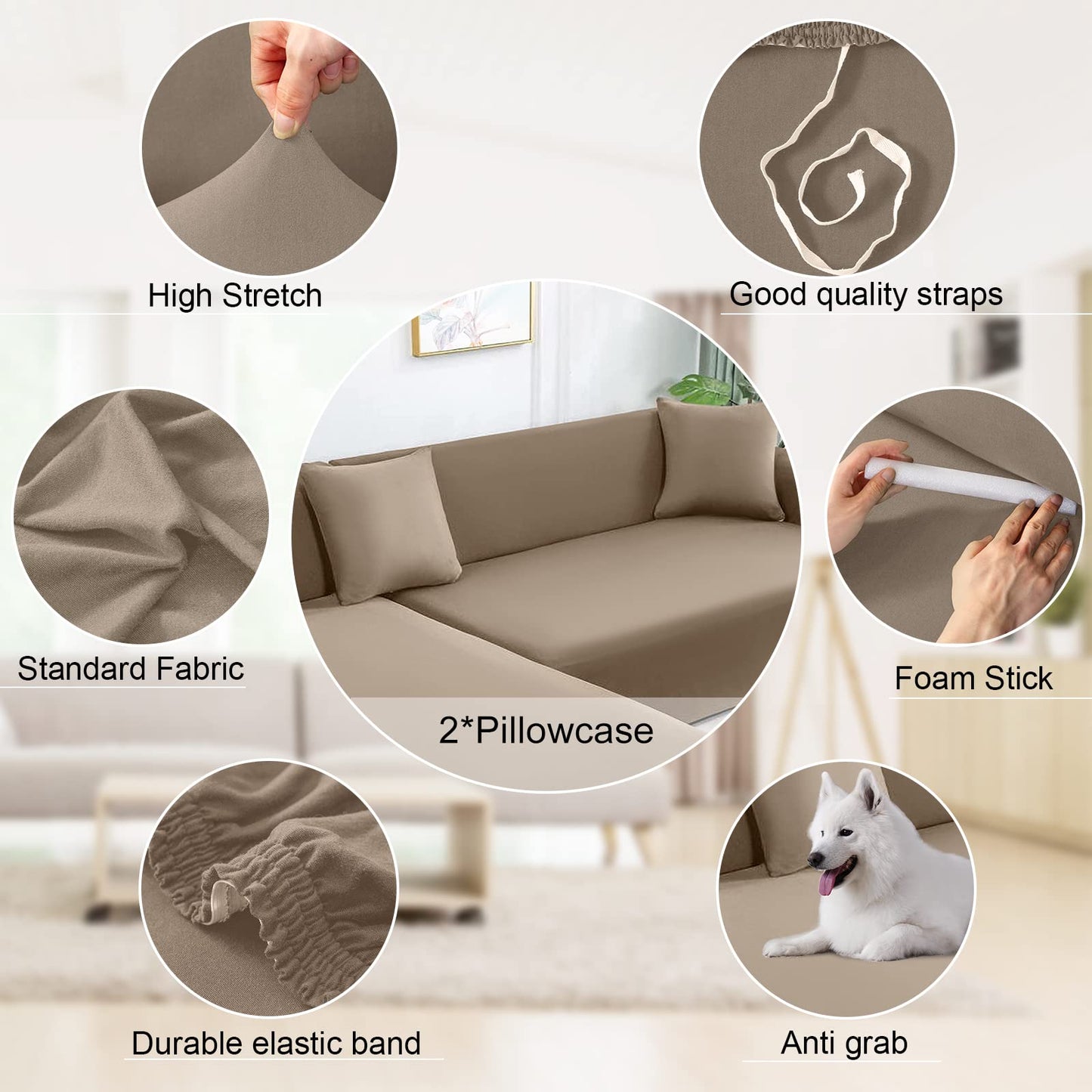 NAISI Couch Cover L Shape 2 Pieces Sofa Cover Soft Stretch Slipcovers with 2pcs Pillowcases Furniture Protector Sectional Couch Covers 3 Seater + 3 Seater(Tan)