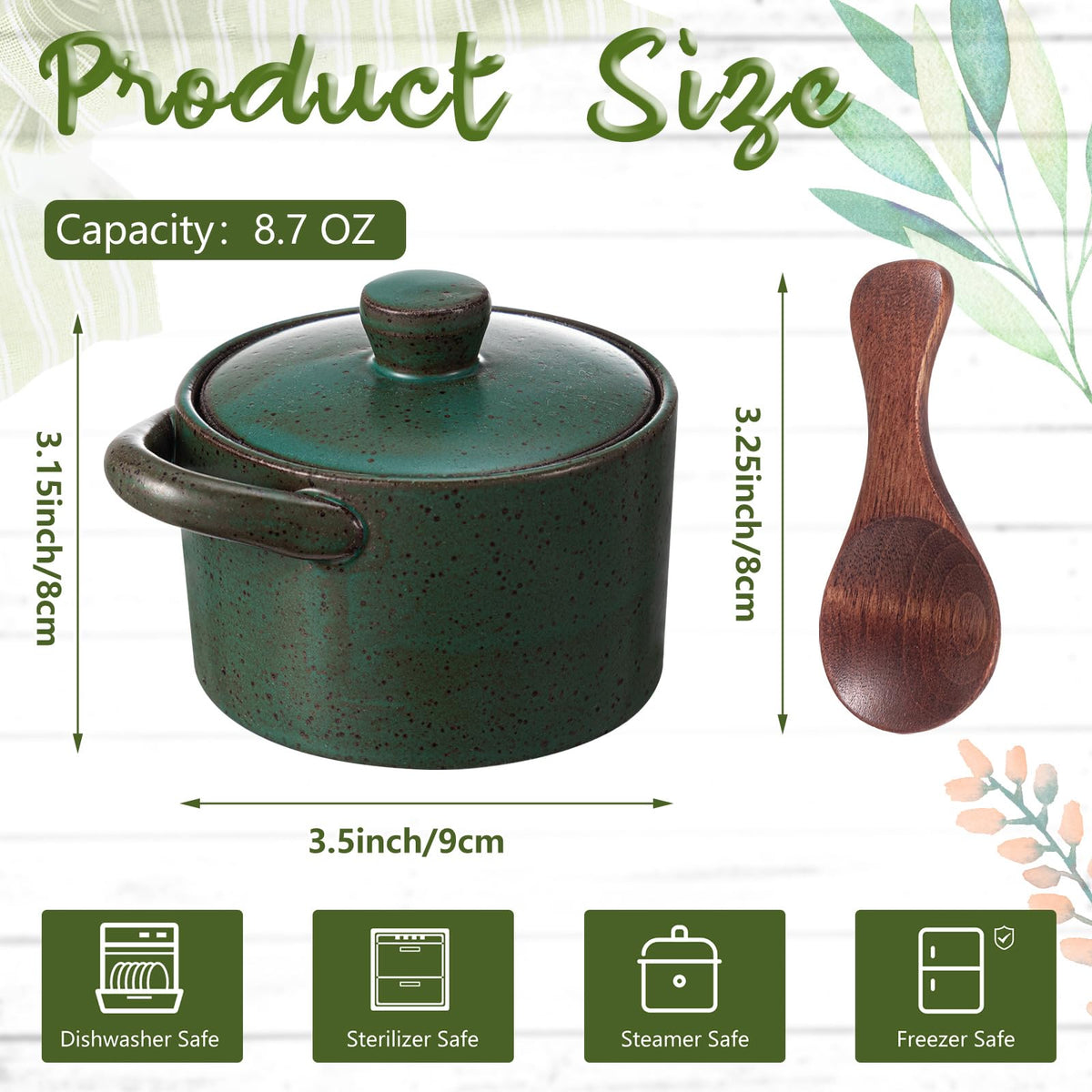 Honeydak 1 Set Speckled Ceramic Salt Cellar with Lid and Wooden Spoon, Rustic Farmhouse Salt Pepper Cellar Holder for Mothers Day, Housewarming Gift, Heavyweight Spices Jar (Green)
