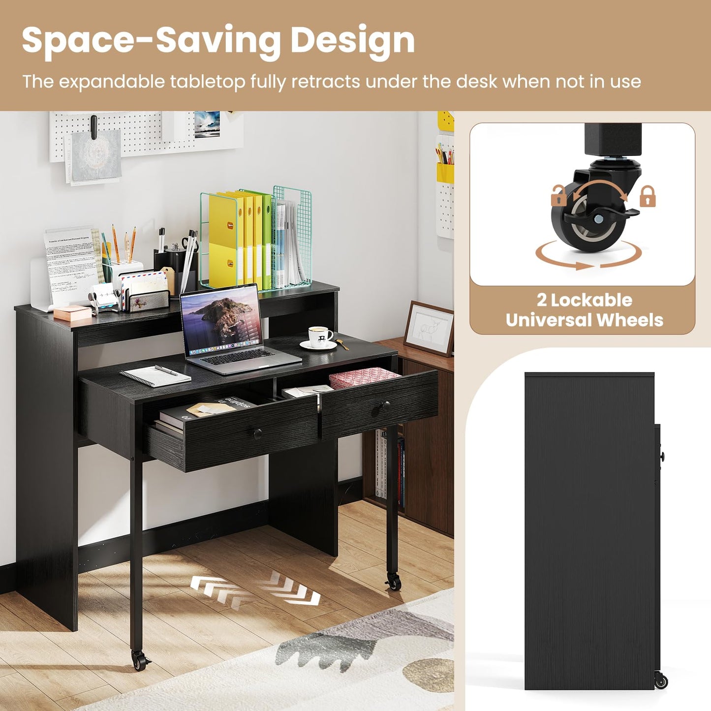 Giantex Small Computer Desk with Hutch & Drawers, Extendable Writing Desk w/Pull Out Secondary Table, Monitor Stand & Rolling Wheels, Console Table, Compact Desk for Small Spaces, Home Office (Black)