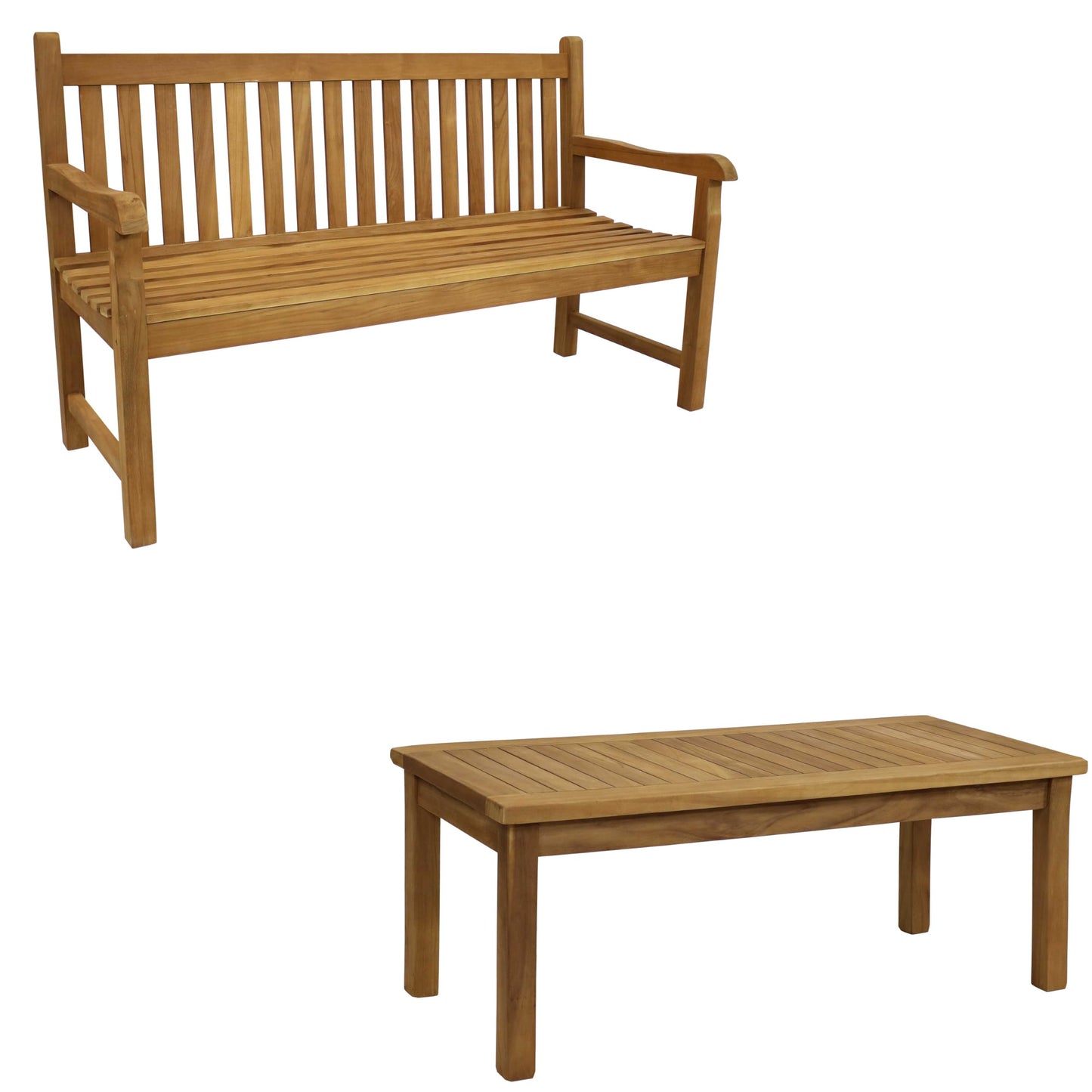 Sunnydaze Teak Mission Style 2-Person Outdoor Bench and Outdoor Coffee Table