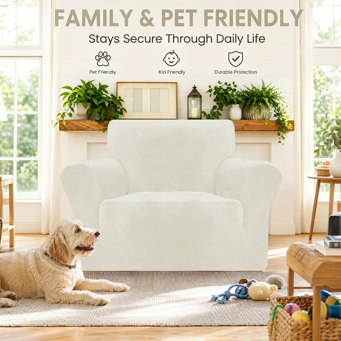YEMYHOM Real Velvet Armchair Covers 1 Piece Stretch Chair Slipcovers Chair Protector for Living Room Thick Soft Chair Cover with Elastic Bottom Couch Cover for Pets Kids (31"-46", Beige)