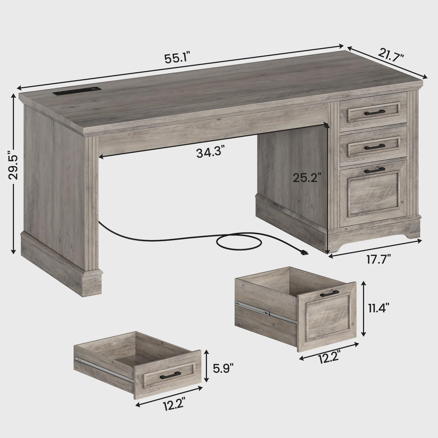 SEDETA Executive Office Desk with 3 Drawers, Farmhouse 55" Computer Desk with Storage File Drawers & Power Outlet for Home Office, Grey