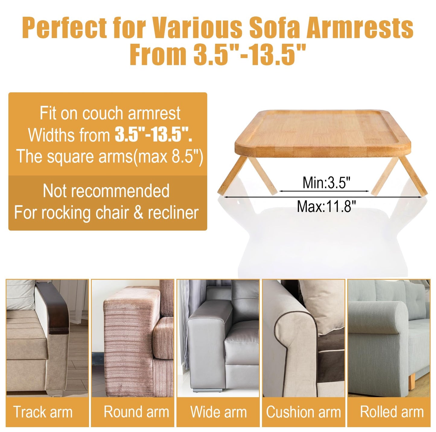 Fumusae Couch Arm Tray, 13" × 9" Bamboo Foldable Sofa Armrest Table Tray Clip-On Desk for Eating TV Snacks Drinks Phone Remote, Natural Wood Wooden Holder Side Table for Armchair Recliner Small Spaces