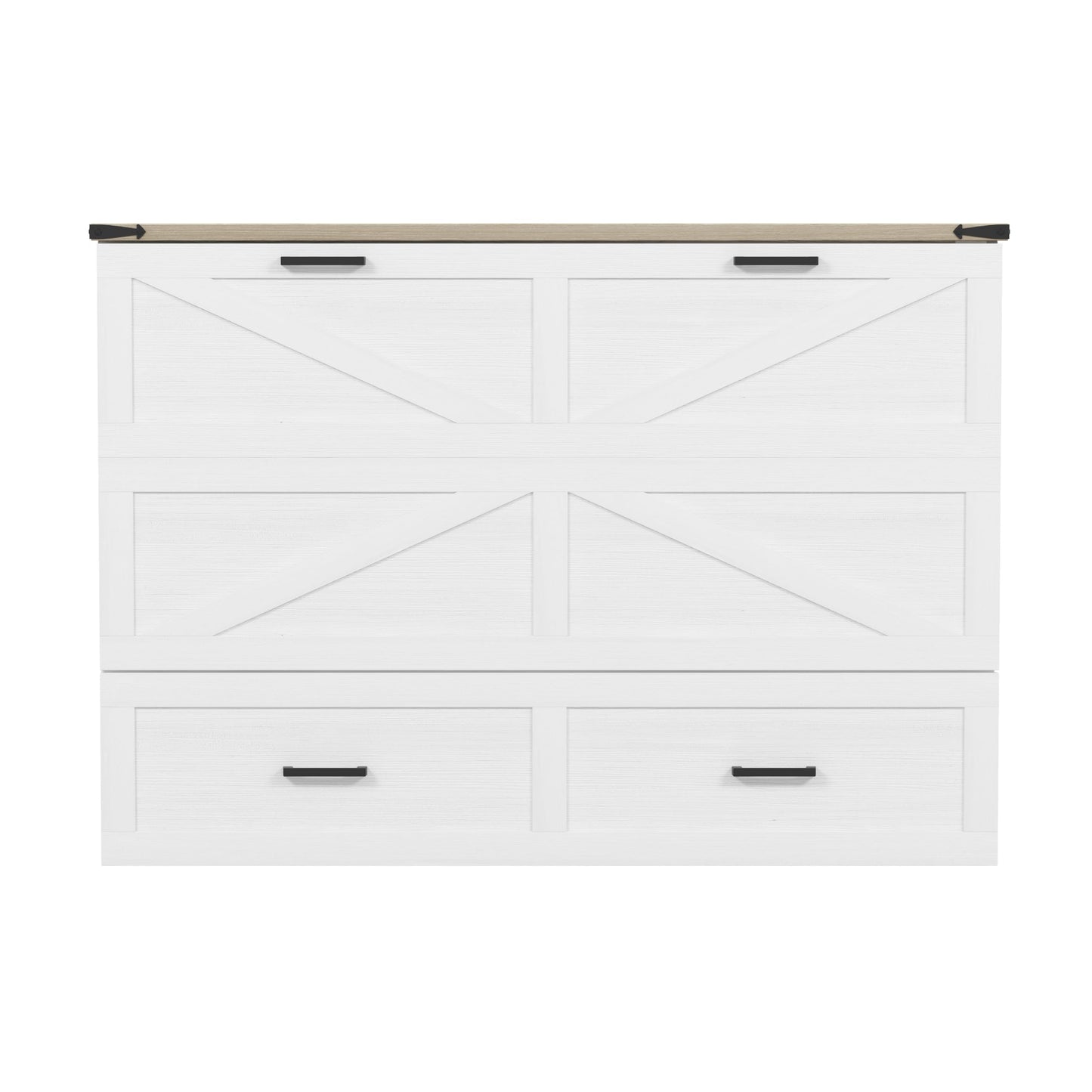 BOVTE White Farmhouse Queen Murphy Cabinet Bed with Charging Station, Foldable Platform & Large Storage Drawer for Guest Rooms
