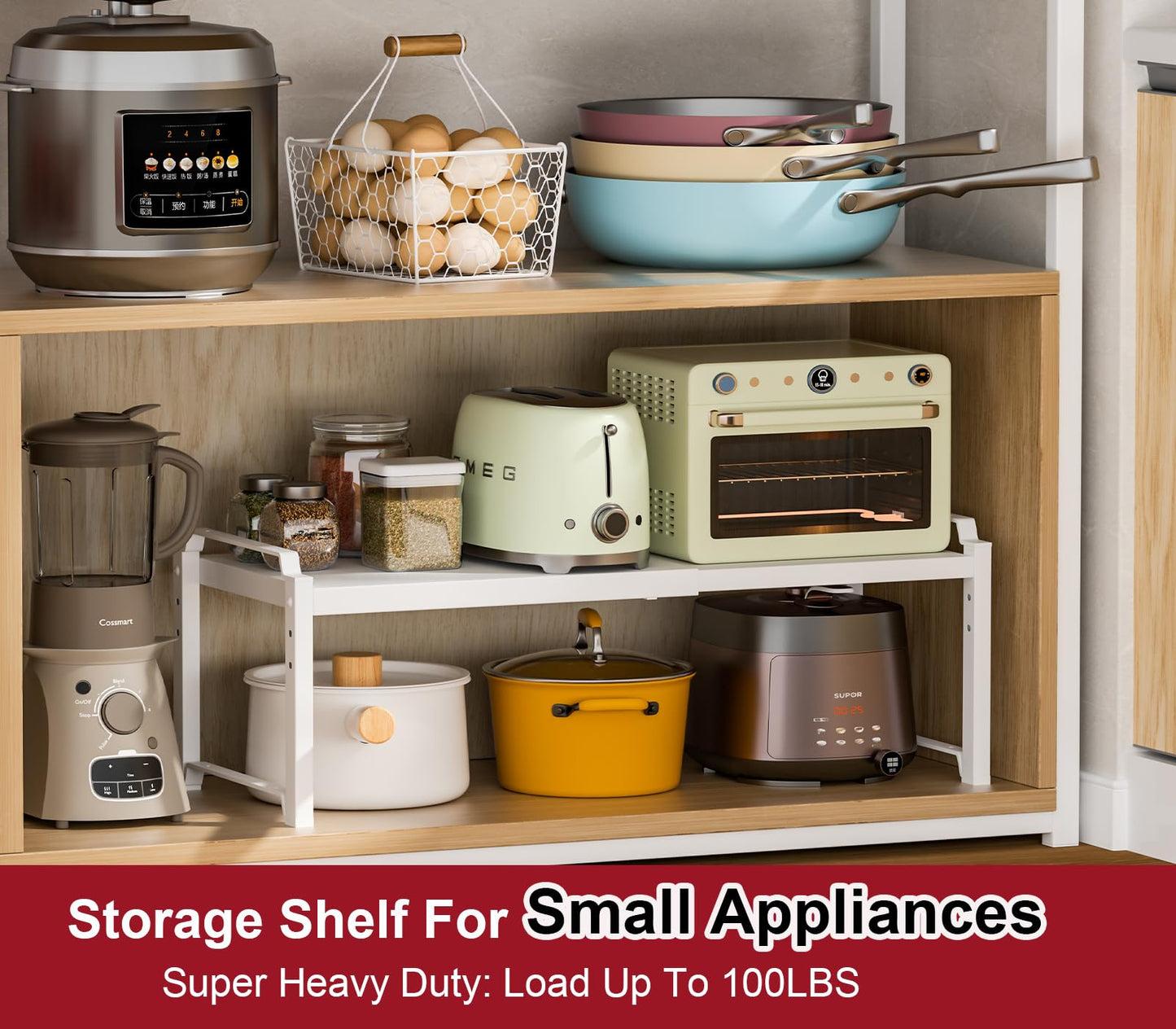 X-cosrack 12" Wide 100LBS Loading-Bearing Heavy Duty Kitchen Storage Shelf, Expandable Cabinet Shelf Organizer, Stackable Adjustable Storage Shelves for Kitchen Cabinet Cupboard Pantry Counter