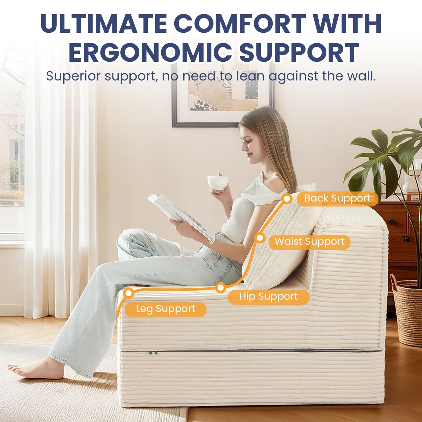 NLDD Convertible Sofa Bed, Fold Out Loveseat Sleeper Sofa Chair with Pillow, Folding Sofa Bed with Back Support, Portable Chair Bed Comfy Floor Lounge Sofa for Living Room Bedroom Guest Room, Beige